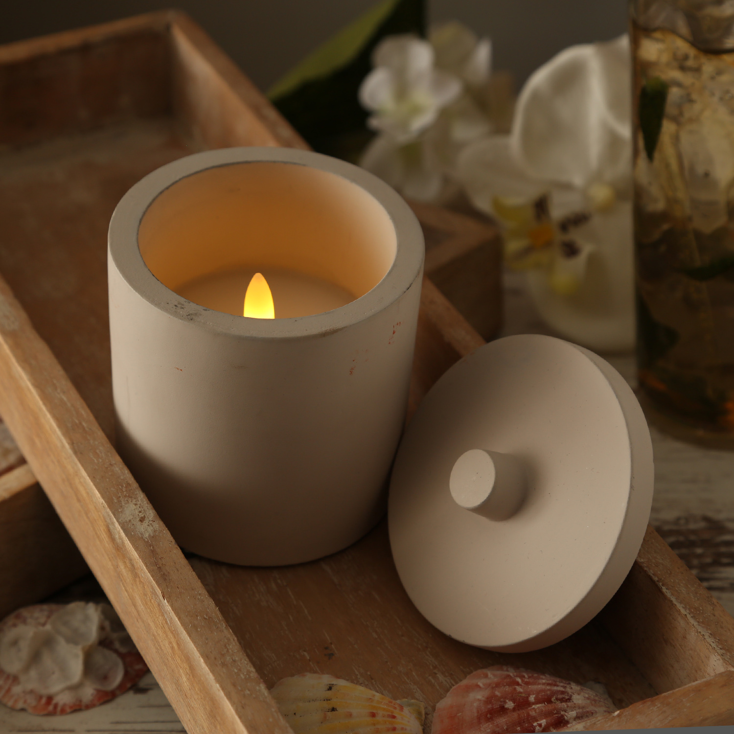 LED Kerzen im Topf - mit Deckel - Betonoptik - Timer - H: 10cm D: 8cm - weiß - 3er Set LED Kerzen im Topf - mit Deckel - Betonoptik - Timer - H: 10cm D: 8cm - weiß - 3er Set