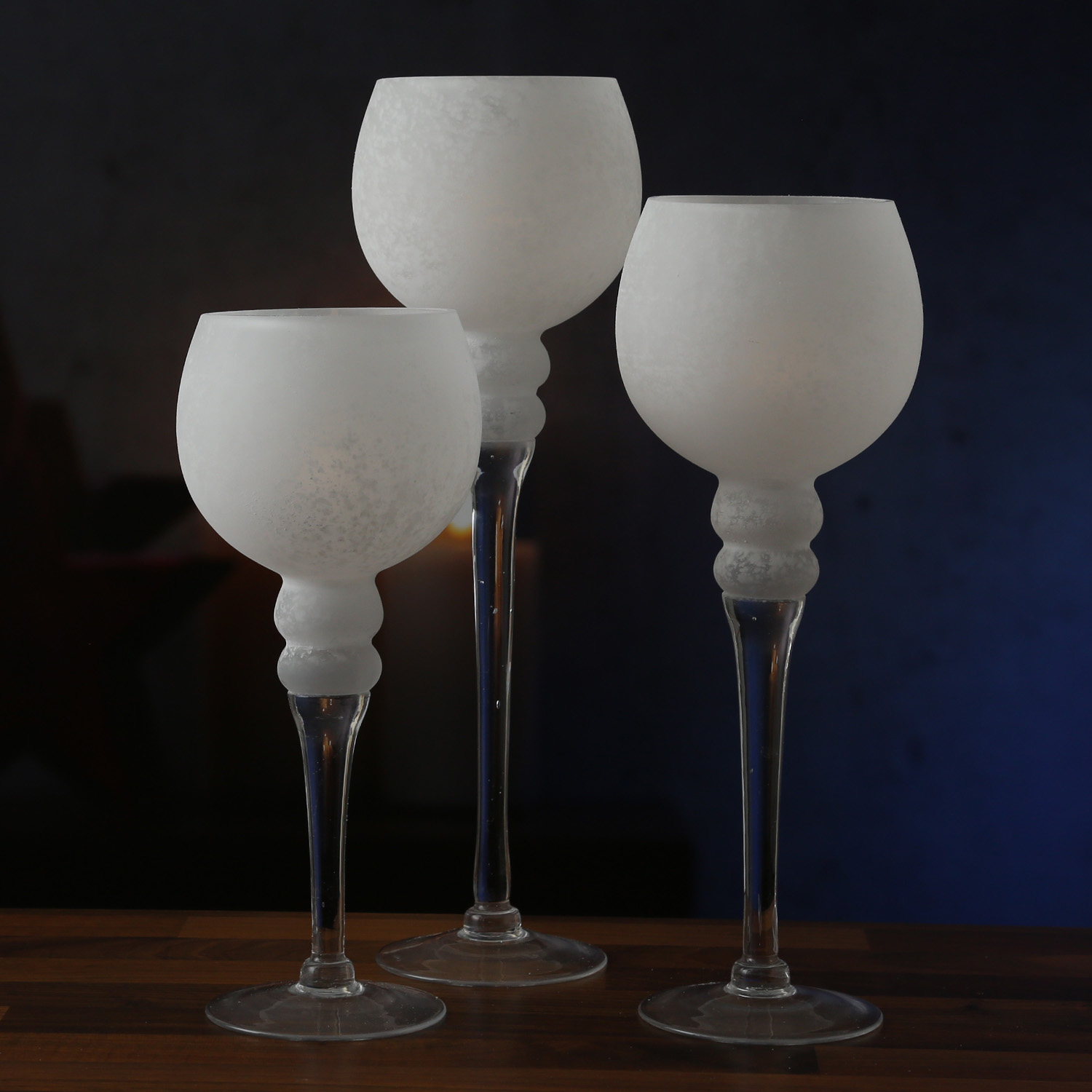 Kerzenhalter Kelch FROST - Glas - H: 30cm, 35cm, 40cm - gefrostet und weiß satiniert - 3er Set