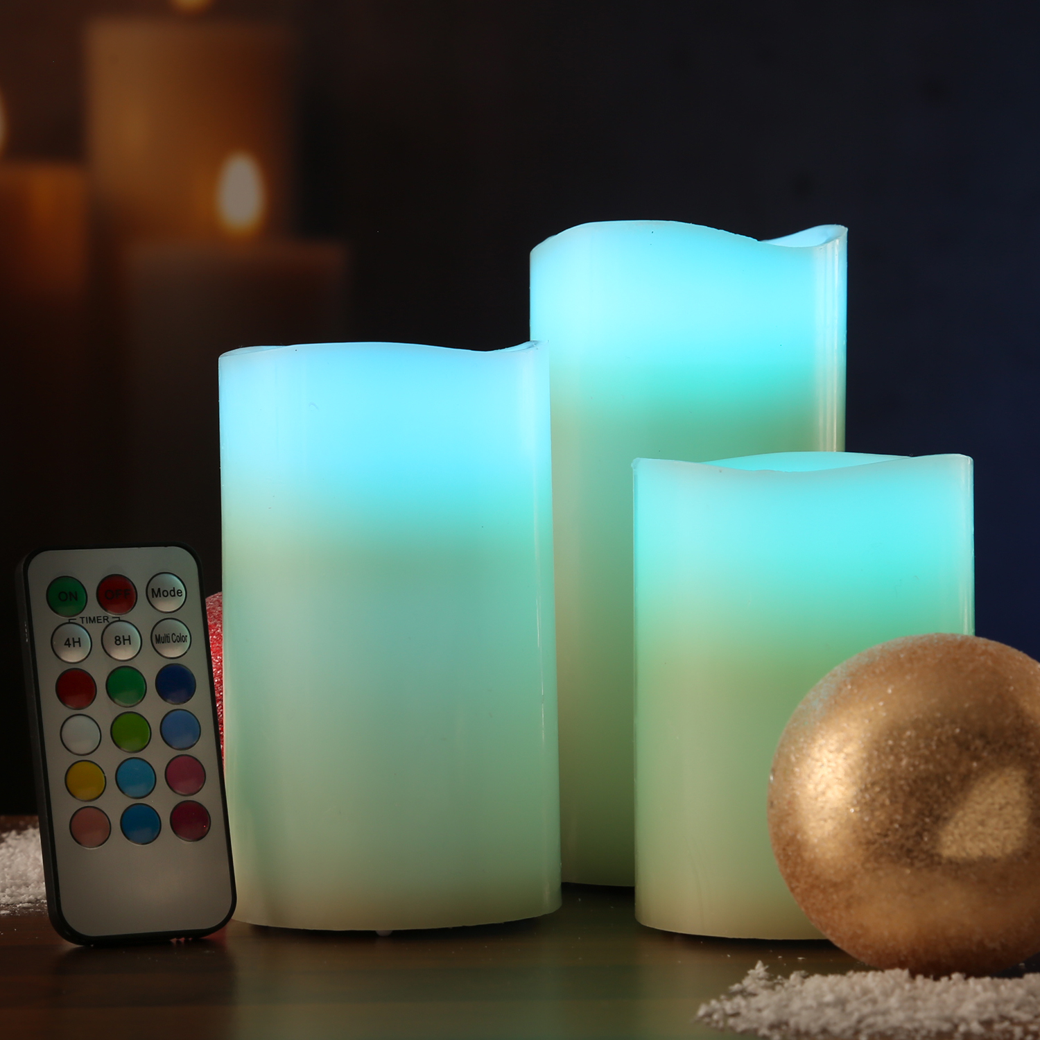 LED Kerze MULTI - Echtwachs - bunte LED - D: 7,5cm - inkl. Fernbedienung - Timer - creme - 3er Set