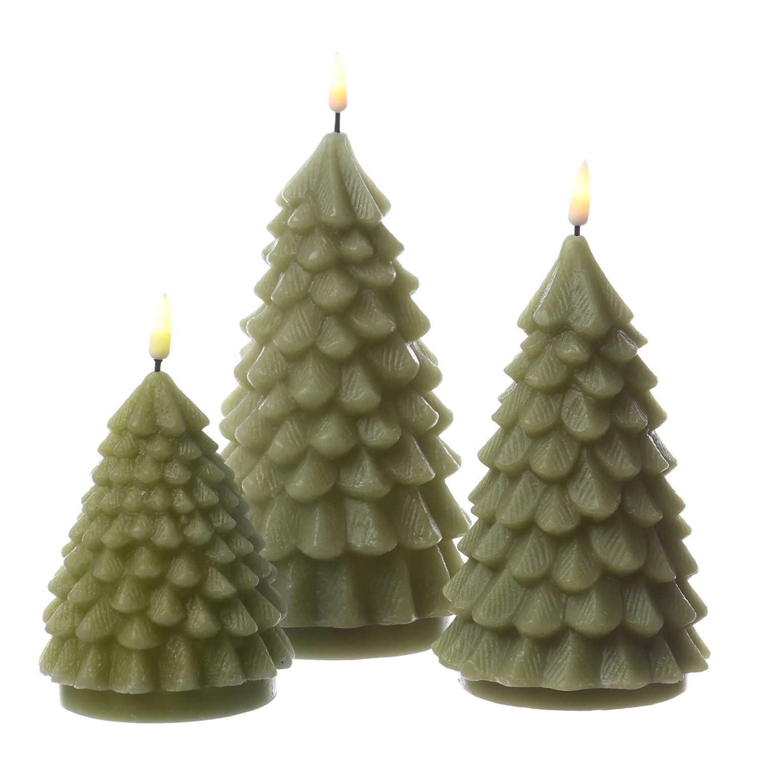 LED Kerze Tannenbaum - Echtwachs - flackernde 3D Flamme - H: 11cm - D: 8cm - hellgrün