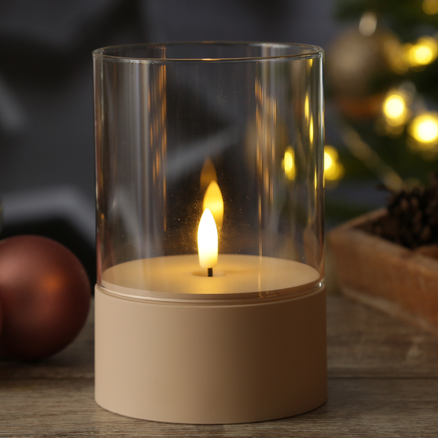 LED Windlicht - LED Kerze im Glas - 3D Flamme - Batteriebetrieb - Timer - H: 15cm - D: 10cm - creme LED Windlicht - LED Kerze im Glas - 3D Flamme - Batteriebetrieb - Timer - H: 15cm - D: 10cm - creme