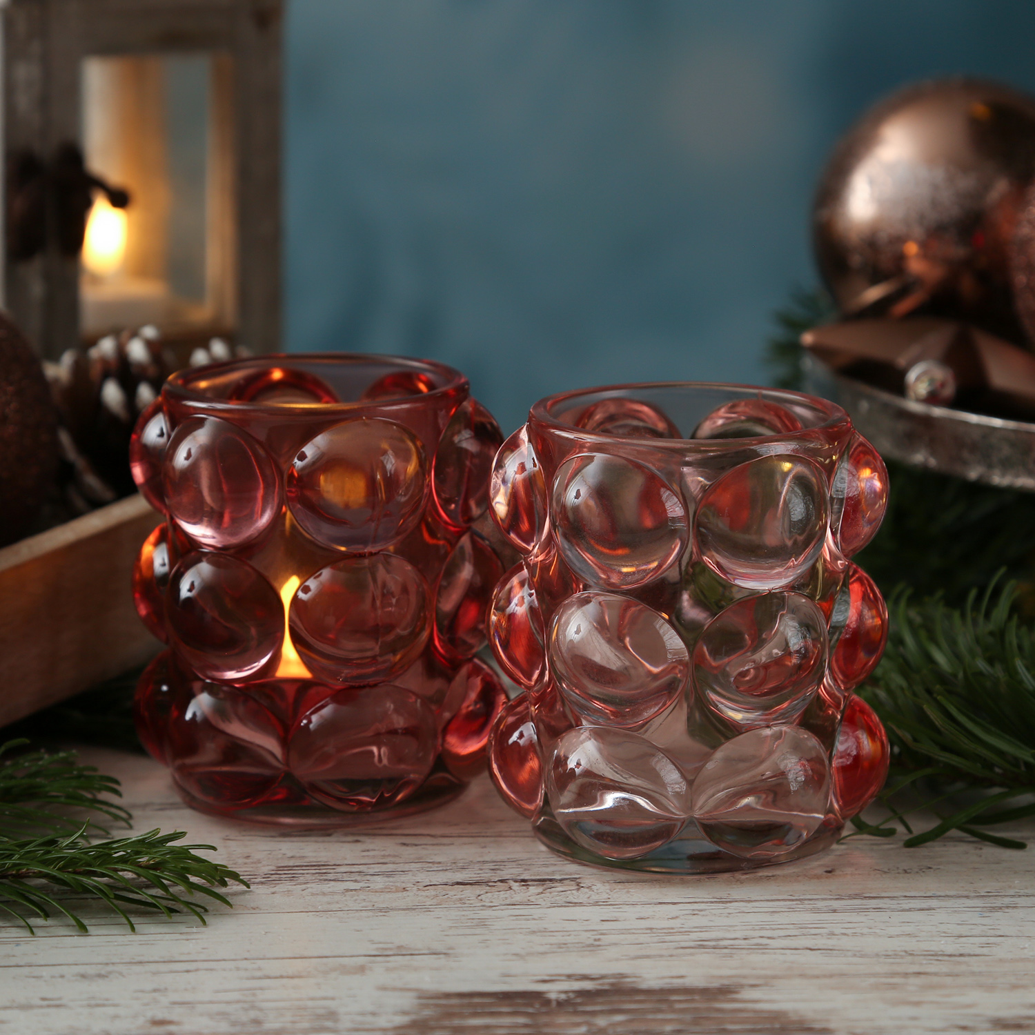 Teelichthalter BUBBLE - Windlichter - Glas - H: 9cm - D: 9,5cm - altrosa, rosa - 2er Set