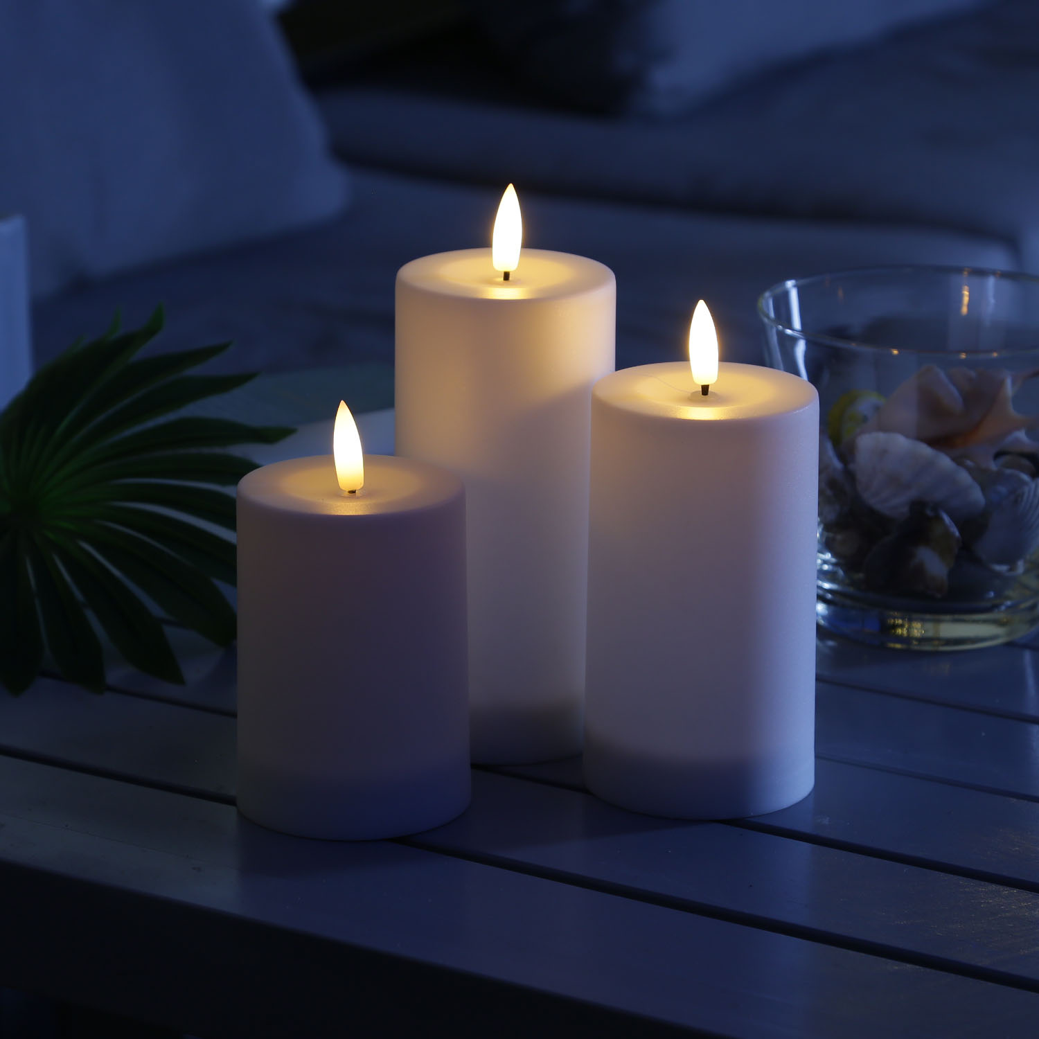 LED Solar Kerzen - Kerzenset Outdoor - 3 Größen - D: 7,5cm - Dämmerungssensor - für Außen - weiß