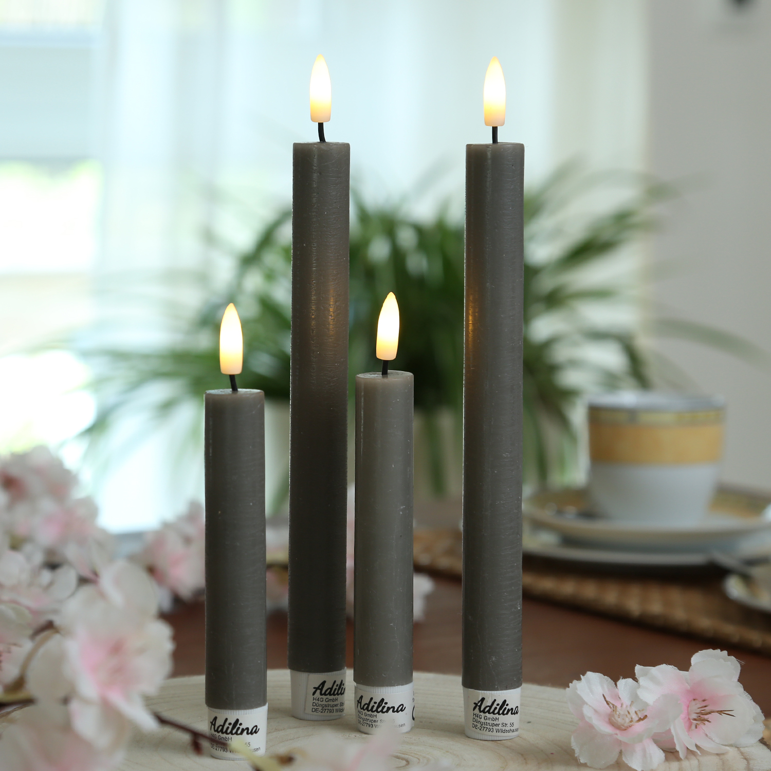 LED Stabkerzen LINA - Rustik-Optik - Echtwachs - 3D Flamme - H: 24cm - Timer - grau - 2er Set