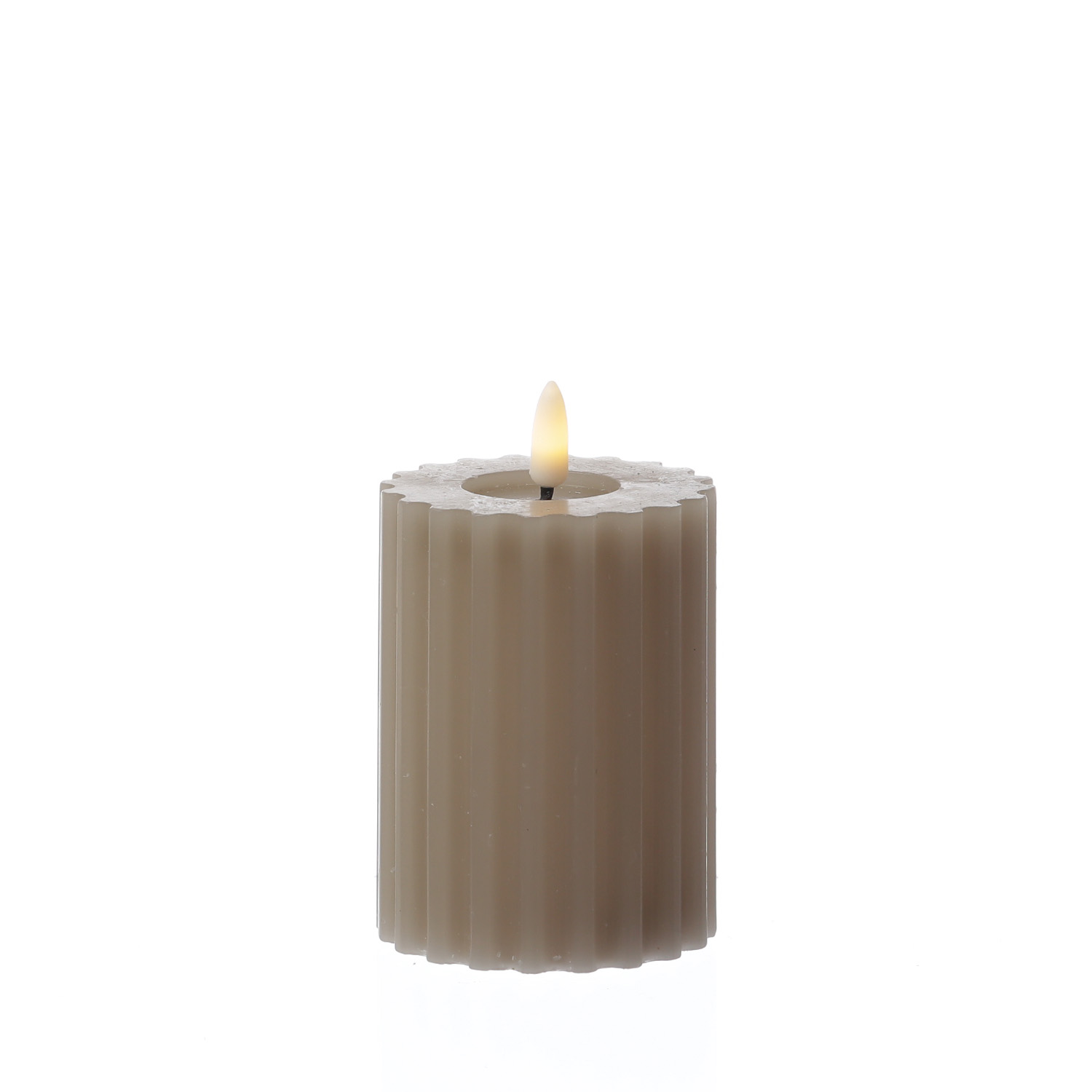 LED Kerze LIV - gerillt - Echtwachs - warmweiße 3D Flamme - H: 12cm - D: 7,5cm - Timer - grau