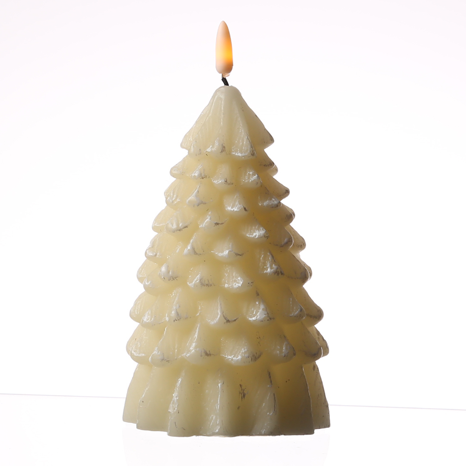 LED Kerze Tannenbaum - Echtwachs - warmweiße 3D Flamme - H: 18cm - Timer - creme