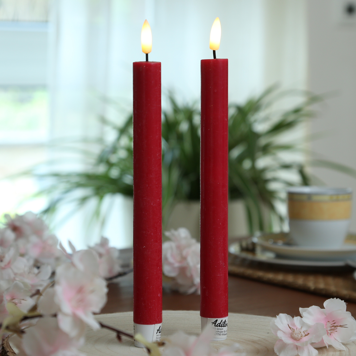 LED Stabkerzen LINA - Rustik-Optik - Echtwachs - flackernd - H: 24,5cm - Timer - rot