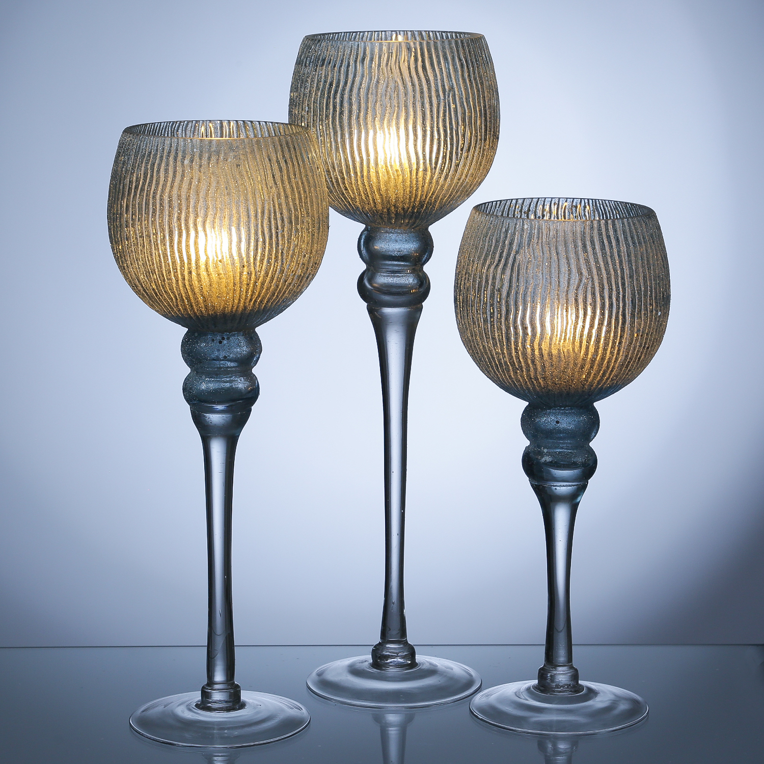 Kerzenhalter Kelch - Windlicht - Glas - H: 30,5cm/34,5cm/40cm - glitzernd - blau - 3er Set