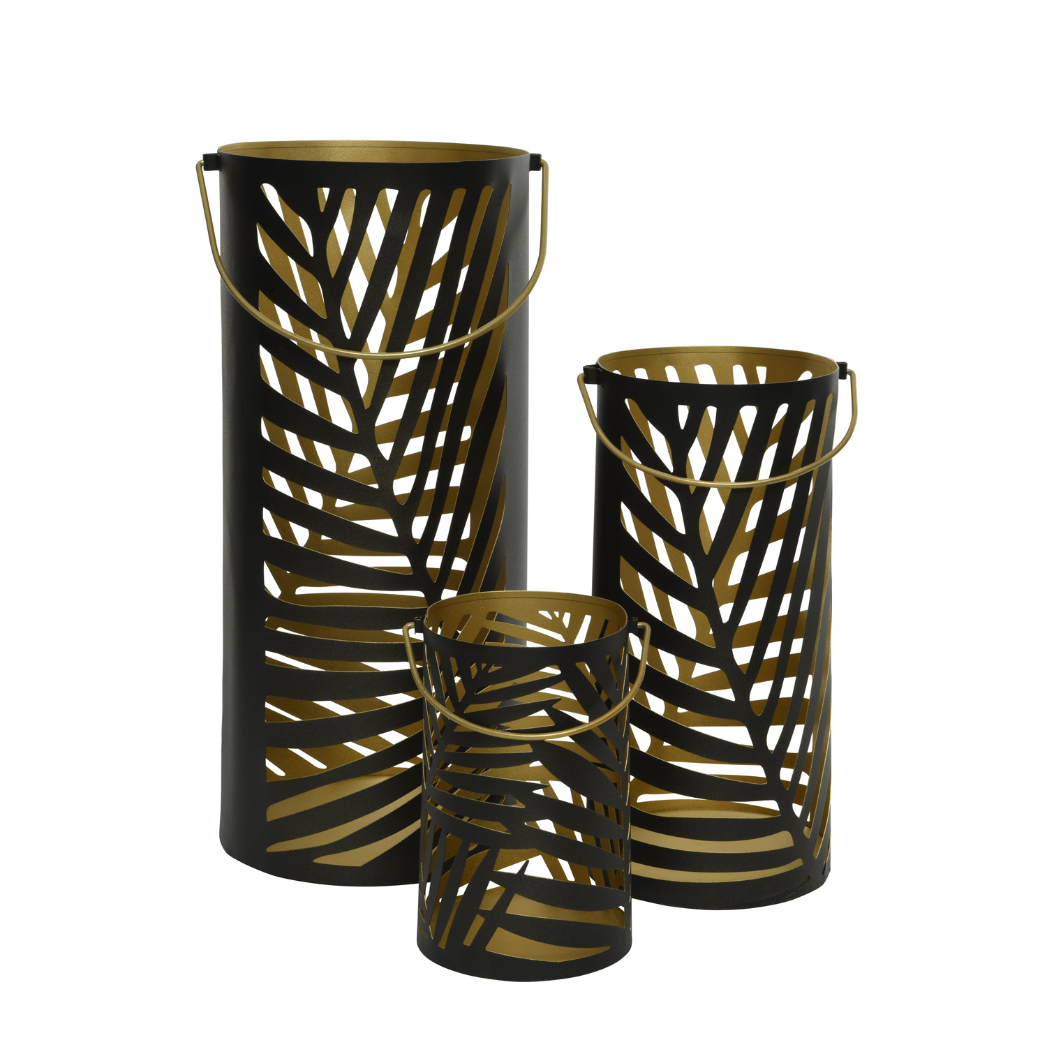 Windlicht mit Blattmotiv - mit Henkel - Metall - 3 verschiedene Größen - schwarz/gold - 3er Set Windlicht mit Blattmotiv - mit Henkel - Metall - 3 verschiedene Größen - schwarz/gold - 3er Set