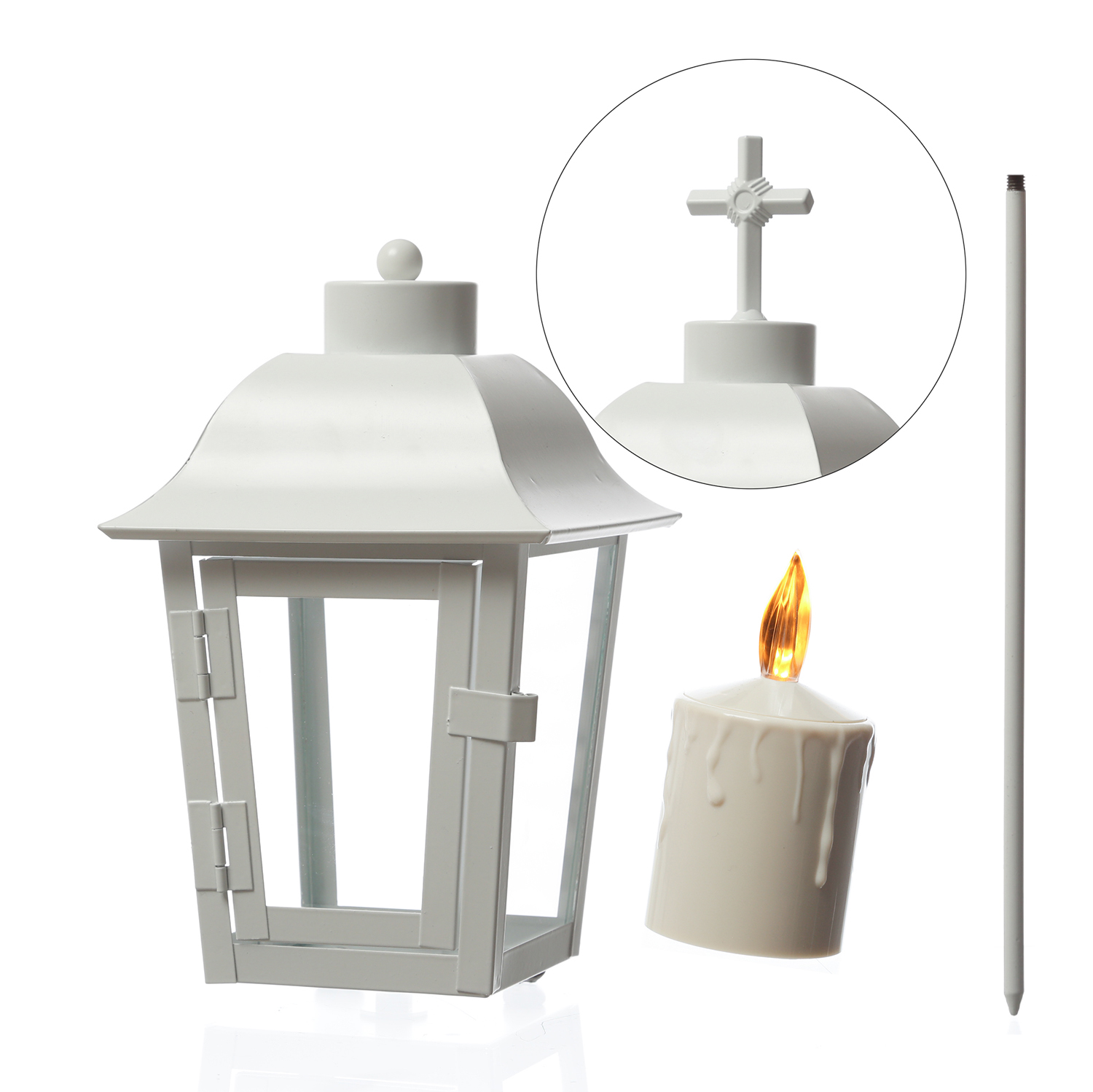 Grablaterne mit beiger LED Kerze - Grablampe mit 2 wechselbaren Spitzen/Erdspieß - H: 51cm - weiß