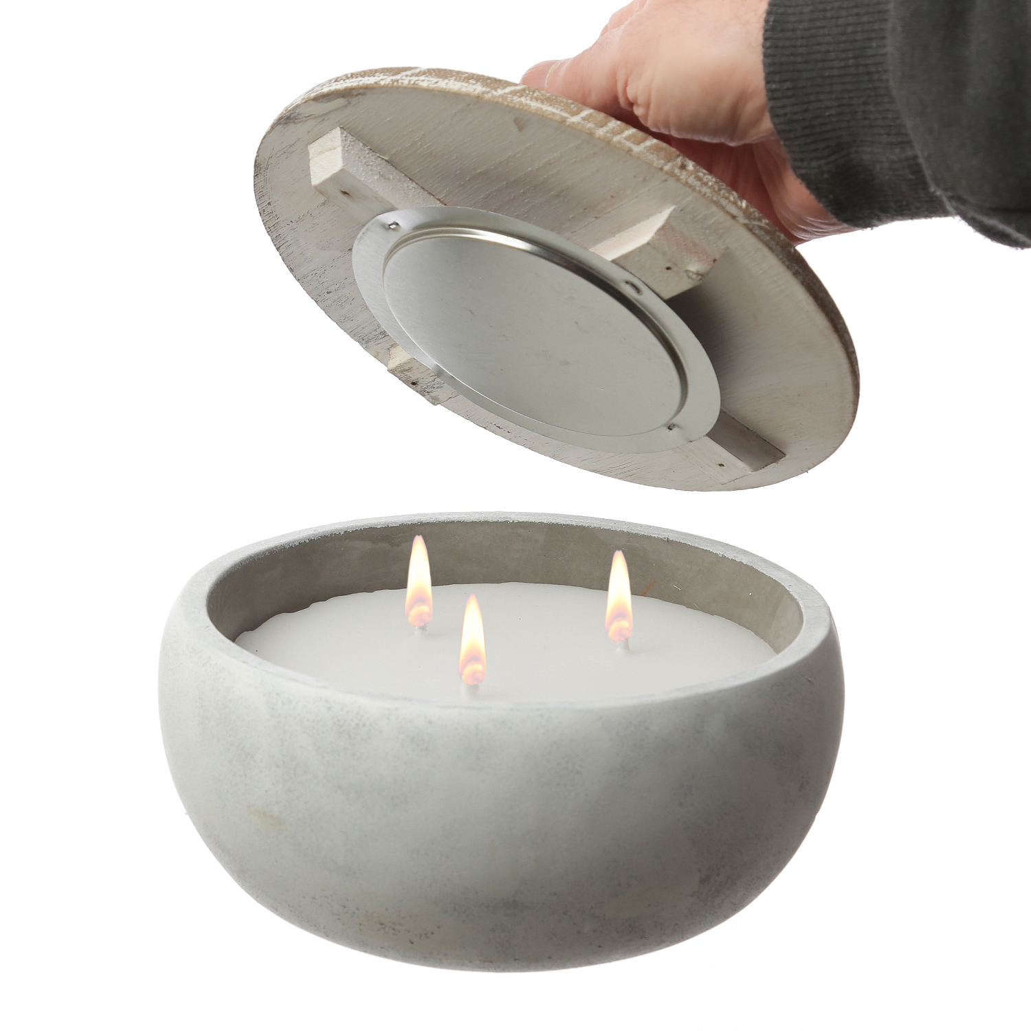 Duftkerze CITRONELLA - Echtwachs Outdoorkerze in Betonschale mit Deckel - 3-Docht - D: 20cm - grau