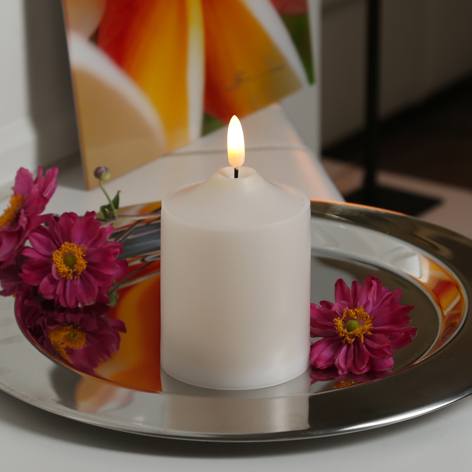 LED Stumpenkerze Flamme - Kunststoff - warmweiße 3D Flamme - H: 12,5cm - Timer - outdoor - creme