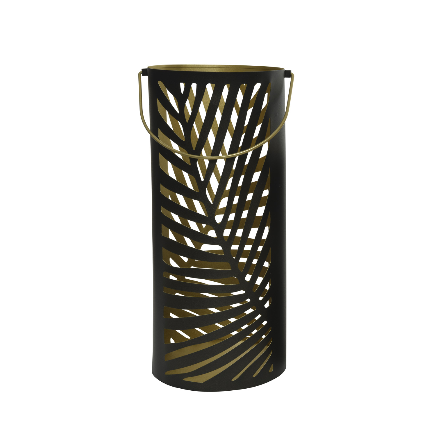 Windlicht mit Blattmotiv - mit Henkel - Metall - 3 verschiedene Größen - schwarz/gold - 3er Set Windlicht mit Blattmotiv - mit Henkel - Metall - 3 verschiedene Größen - schwarz/gold - 3er Set