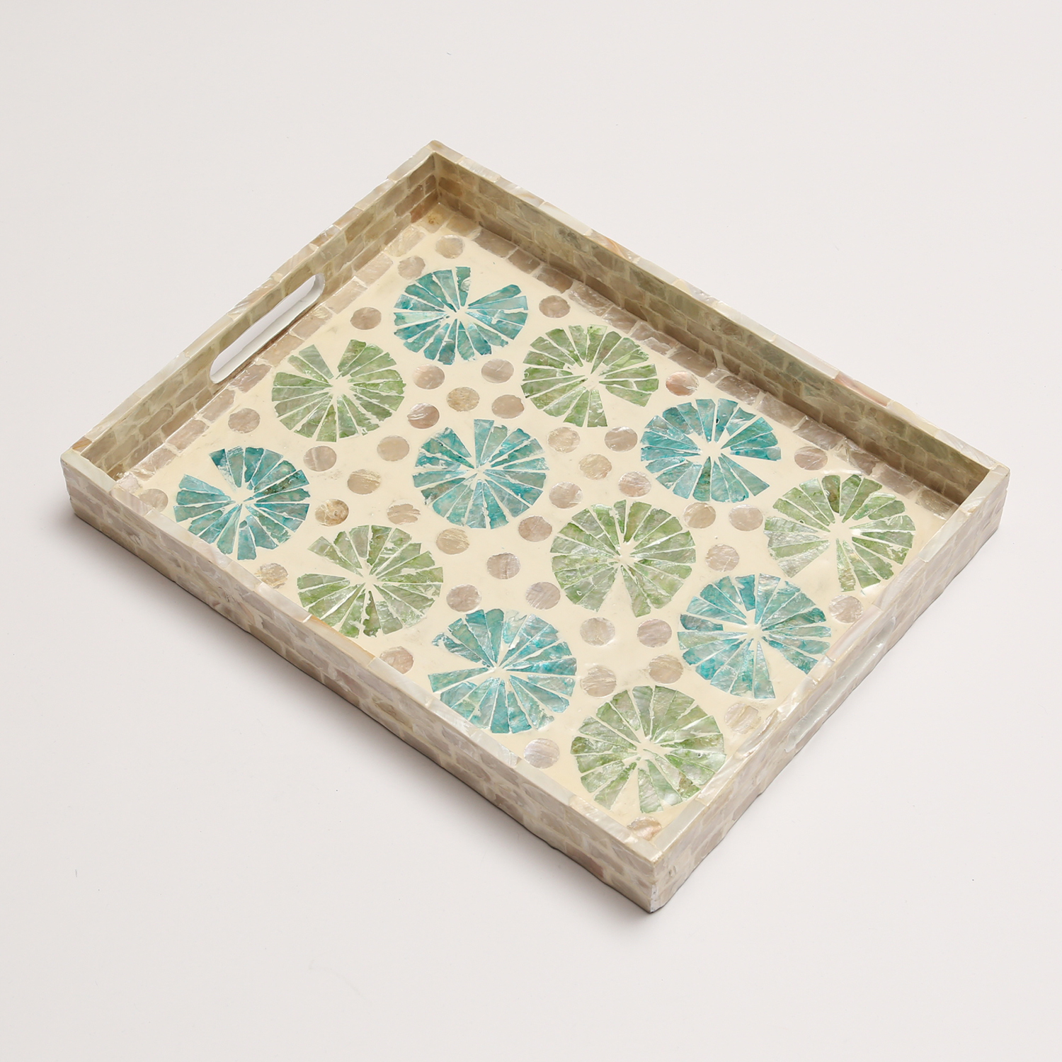 Tablett - Dekotablett - mediterranes Muster - Keramik - L: 38cm - B: 29cm - natur, grün, blau, weiß Tablett - Dekotablett - mediterranes Muster - Keramik - L: 38cm - B: 29cm - natur, grün, blau, weiß