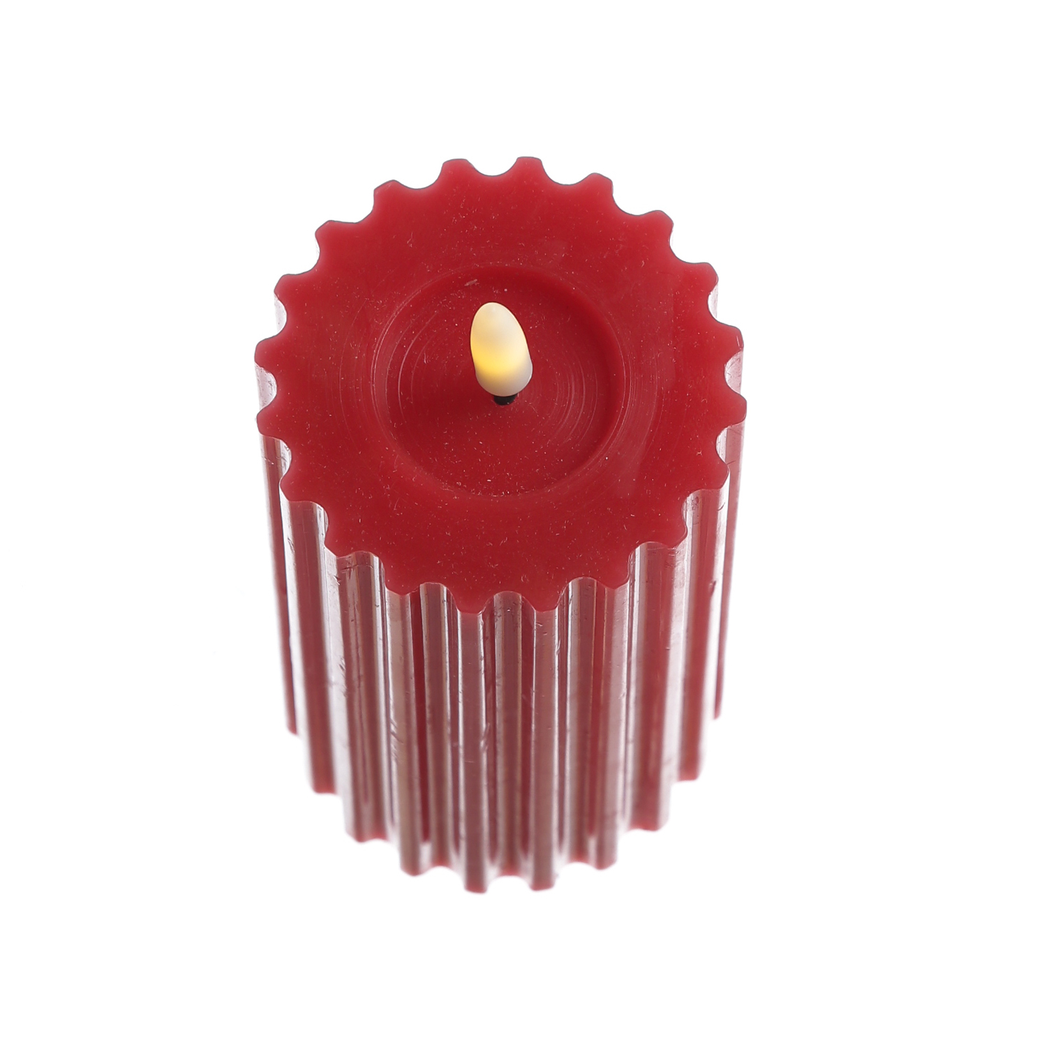 LED Kerze LIV - gerillt - Echtwachs - warmweiße 3D Flamme - H: 12cm - D: 7,5cm - Timer - rot