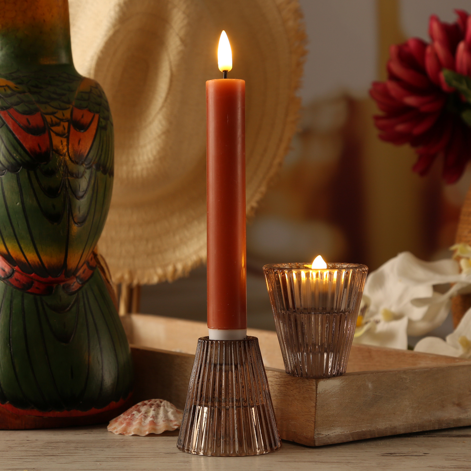 Kerzenhalter - 2in1 - Teelichthalter oder Stabkerzenhalter - Glas - H: 6,5cm - braun, grau - 2er Set Kerzenhalter - 2in1 - Teelichthalter oder Stabkerzenhalter - Glas - H: 6,5cm - braun, grau - 2er Set