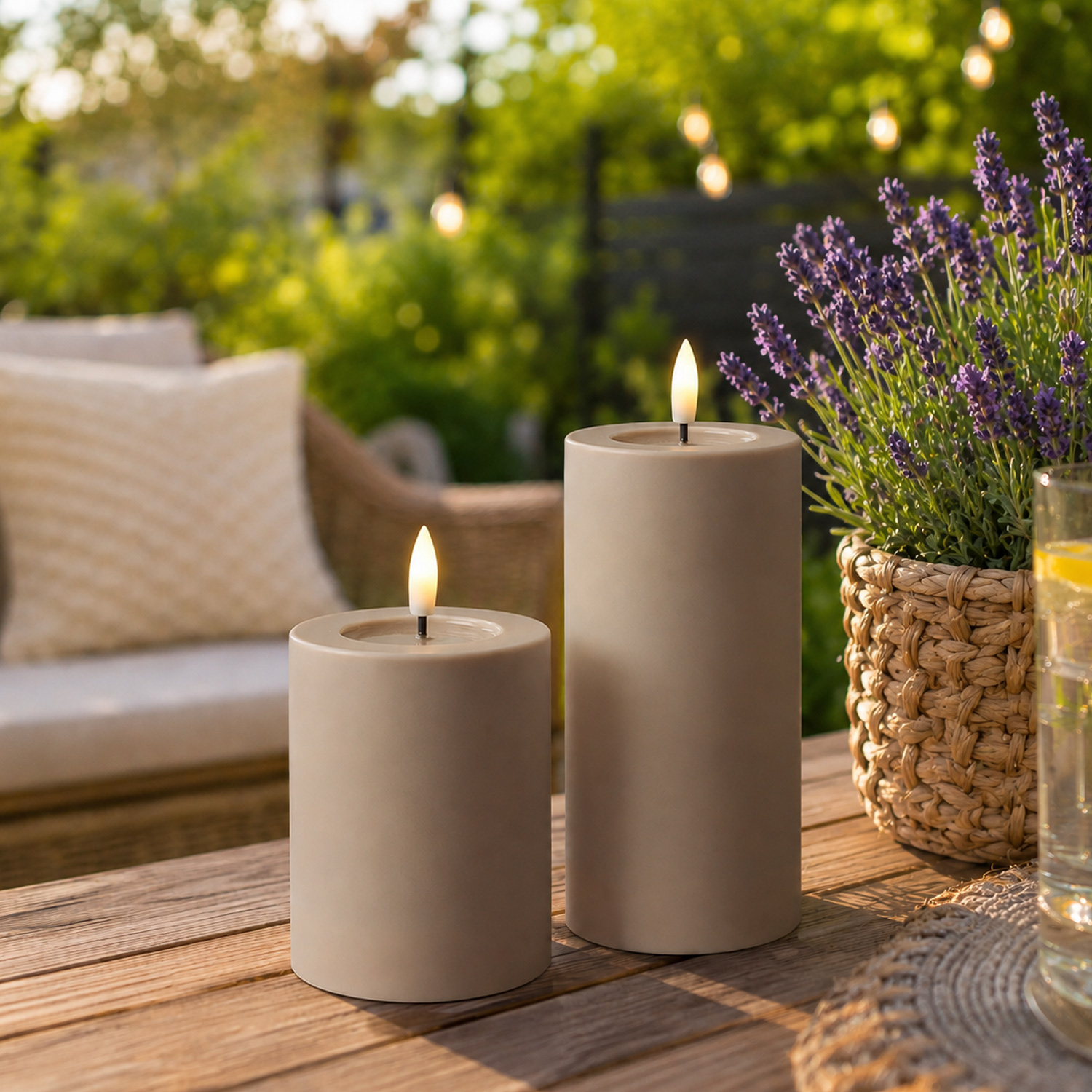 LED Kerze outdoor - Kunststoff - H: 17,5cm - D: 7,5cm - bis 1000h - Timer - für Innen/Außen - sand