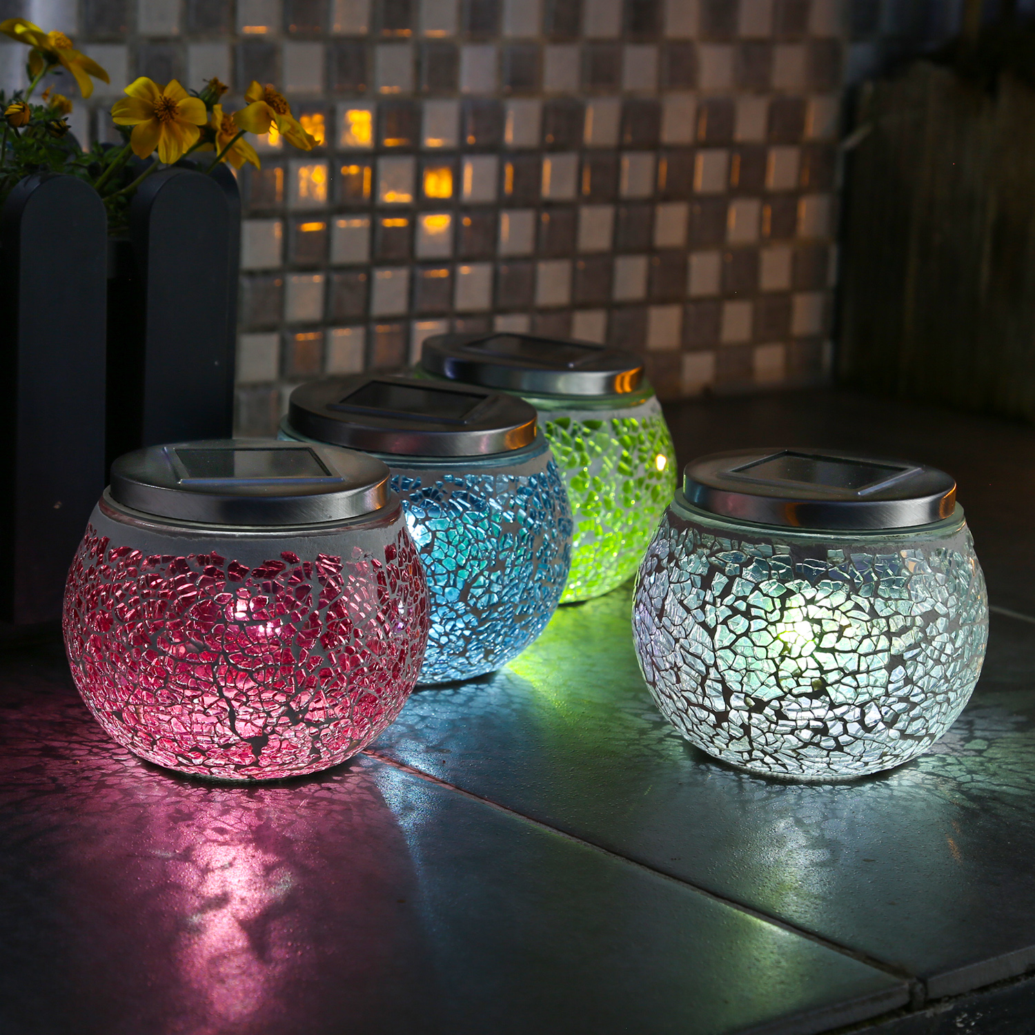 LED Solar Windlicht - Mosaik Glas - Lichtsensor - H: 10cm - outdoor - transparent mit Schimmereffekt
