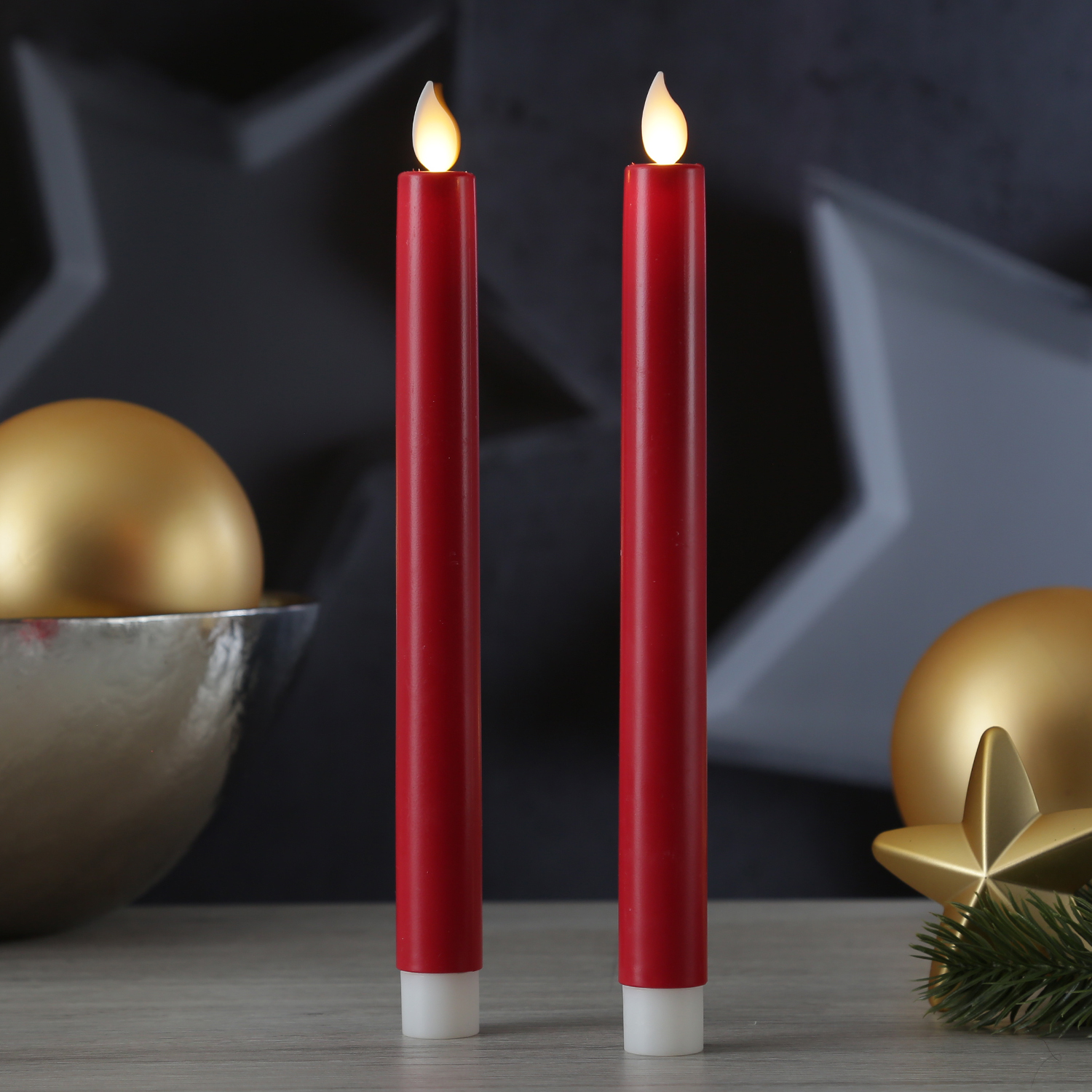 LED Stabkerzen - Kunststoff - bewegliche Flamme - Timer - H: 24cm - rot - 2er Set LED Stabkerzen - Kunststoff - bewegliche Flamme - Timer - H: 24cm - rot - 2er Set