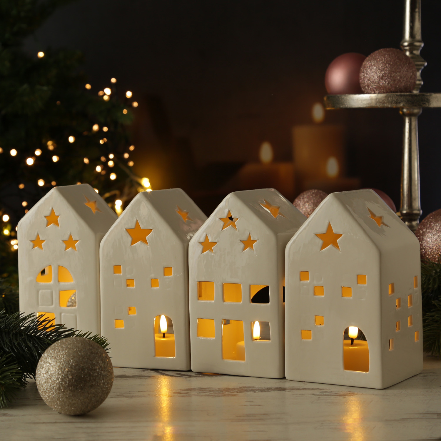 Teelichthalter Lichthäuser - Lichterdorf - Teelichthaus - Porzellan - weiß - 4er Set Teelichthalter Lichthäuser - Lichterdorf - Teelichthaus - Porzellan - weiß - 4er Set