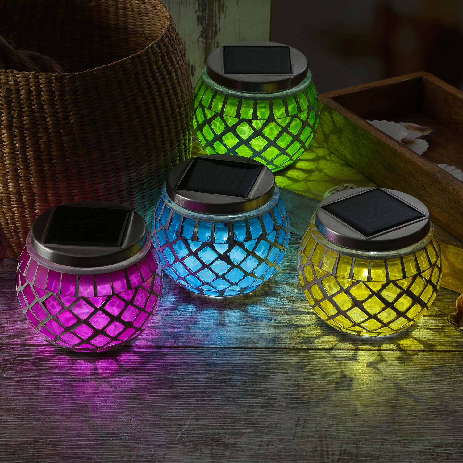 LED Solar Windlichter - Mosaik Solargläser - Lichtsensor - H: 9cm - für Außen - bunt - 4er Set