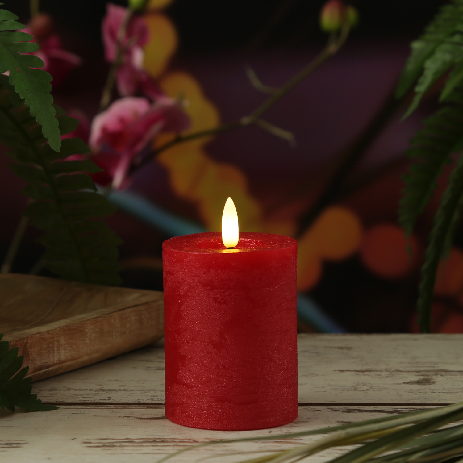 LED Kerze LINA - Rustik-Optik - Echtwachs - 3D Flamme - H: 11cm - D: 7cm - Timer - rot