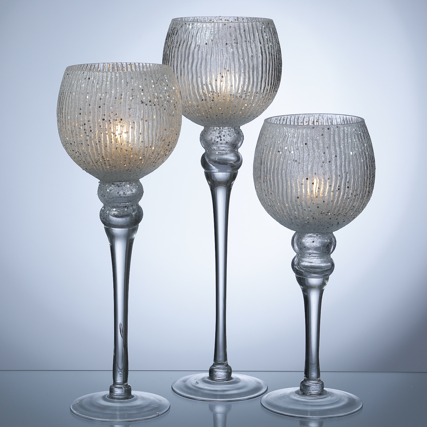 Kerzenhalter Kelch - Windlicht - Glas - H: 30,5cm/34,5cm/40cm - glitzernd - weiß - 3er Set