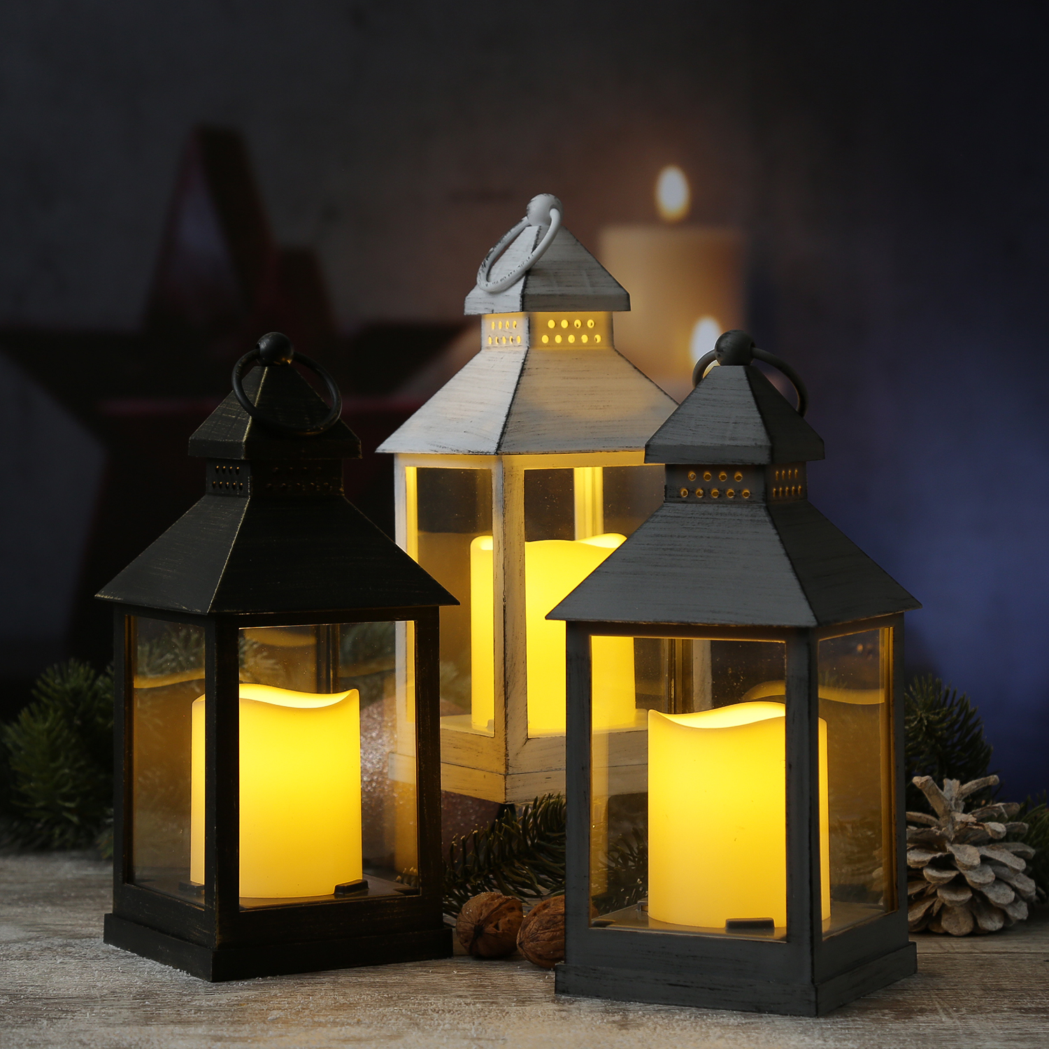 LED Laterne mit Kerze - warmweiss flackernde LED - H- 23cm - Batteriebetrieb - schwarz