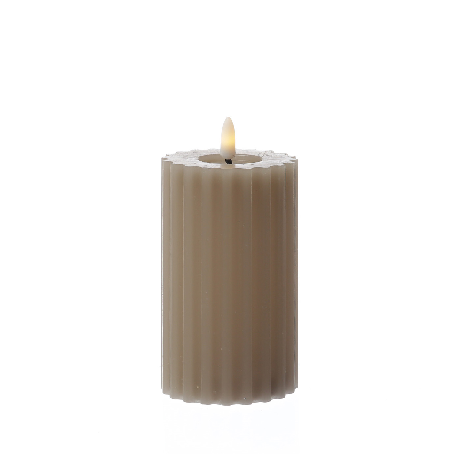 LED Kerze LIV - gerillt - Echtwachs - warmweiße 3D Flamme - H: 14,5cm - D: 7,5cm - Timer - grau LED Kerze LIV - gerillt - Echtwachs - warmweiße 3D Flamme - H: 14,5cm - D: 7,5cm - Timer - grau