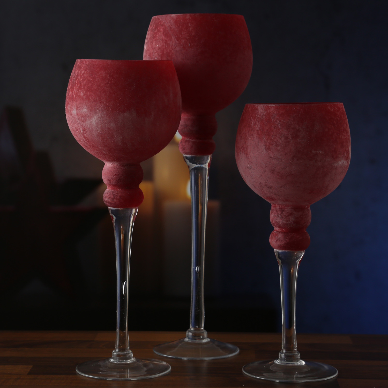 Kerzenhalter Kelch FROST - Glas - H: 30cm, 35cm, 40cm - gefrostet und rot satiniert - 3er Set
