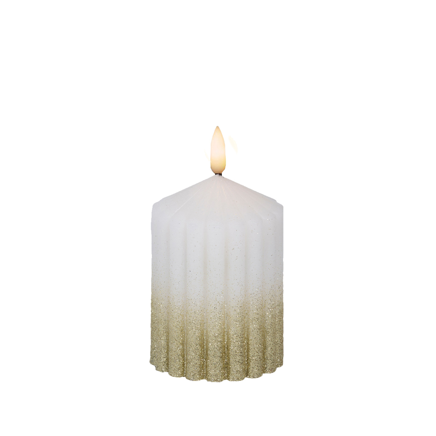 LED Kerze LIV - gerillt - Echtwachs - 3D Flamme - H: 10cm - D: 7cm - Timer - weiß/gold