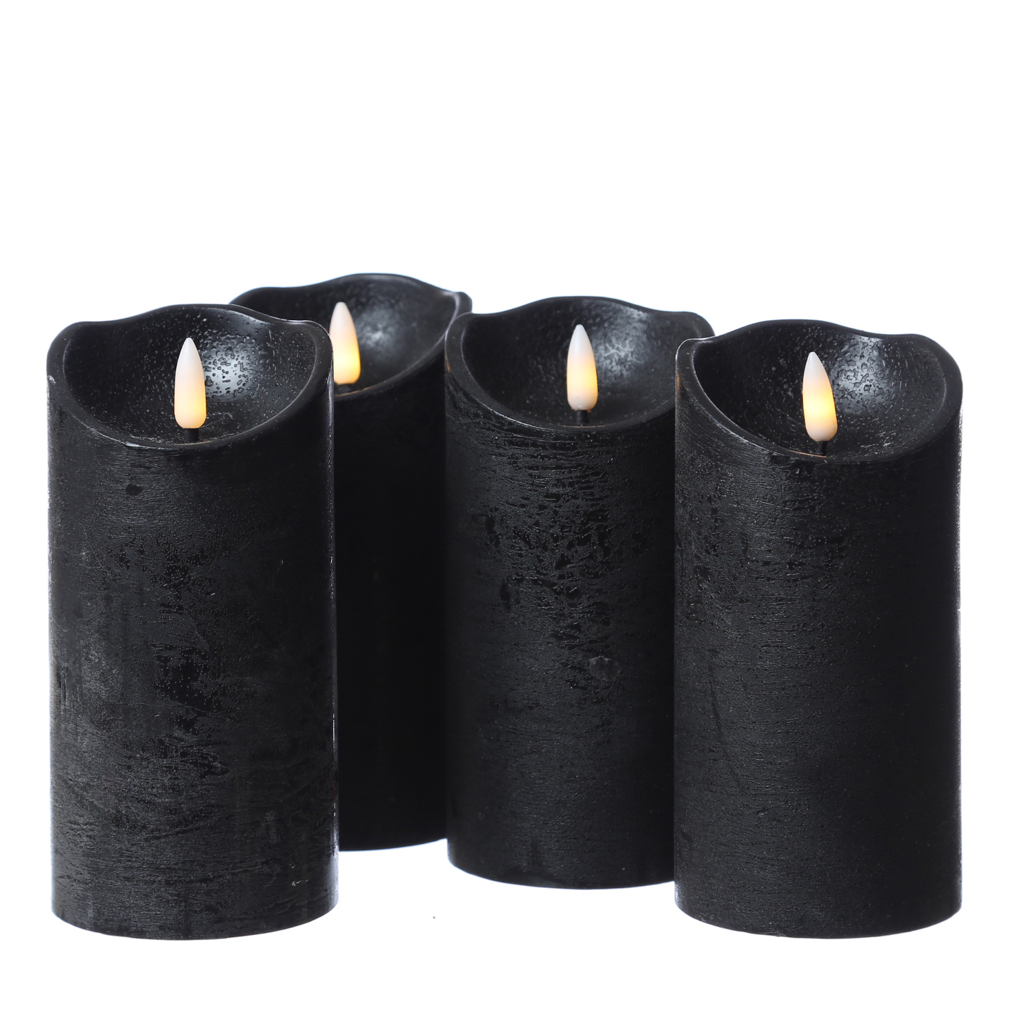 LED Stumpenkerzen RUSTIC - Echtwachs - warmweiße 3D Flamme - H: 15cm - Timer - schwarz - 4er Set