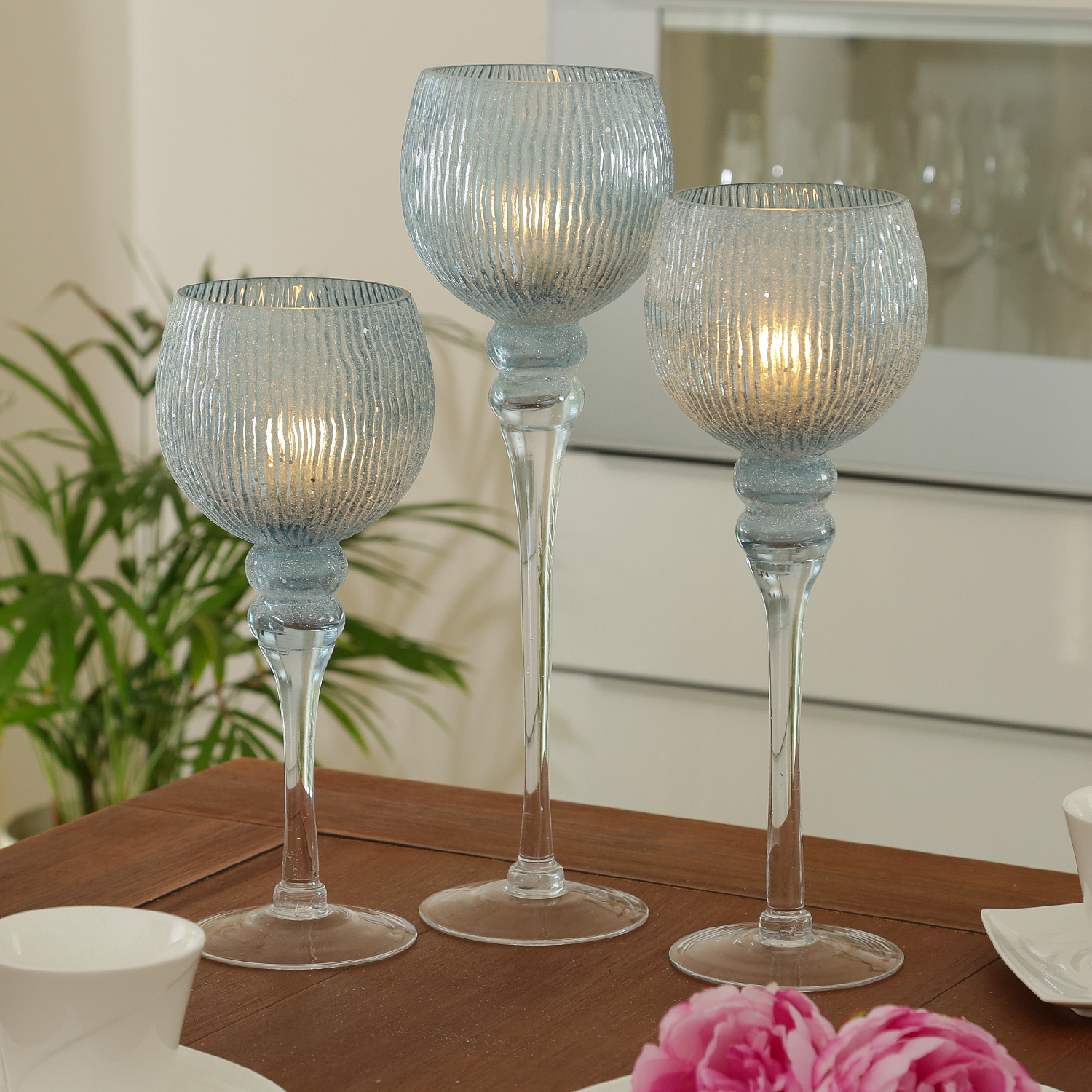 Kerzenhalter Kelch - Windlicht - Glas - H: 30,5cm/34,5cm/40cm - glitzernd - blau - 3er Set Kerzenhalter Kelch - Windlicht - Glas - H: 30,5cm/34,5cm/40cm - glitzernd - blau - 3er Set