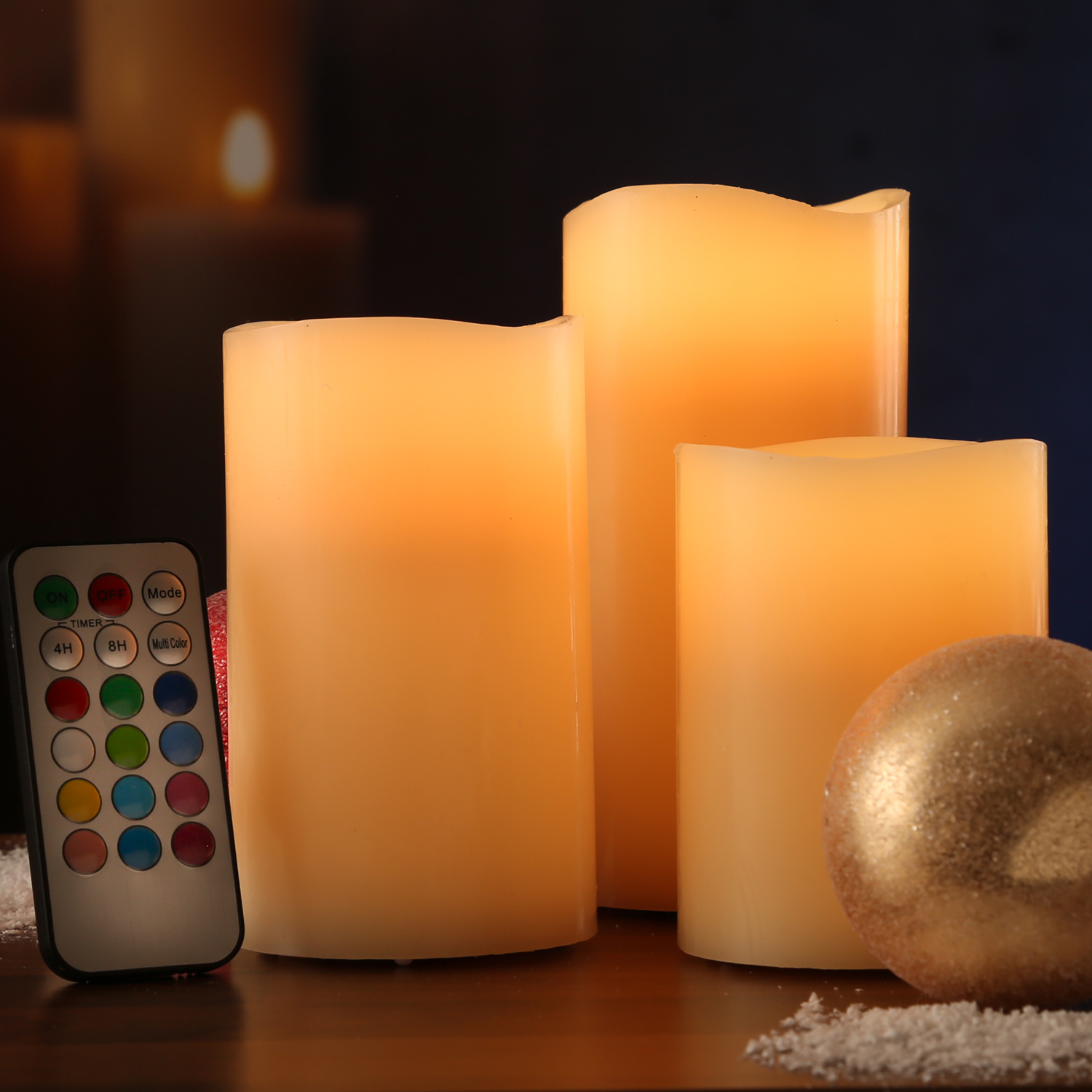 LED Kerze MULTI - Echtwachs - bunte LED - D: 7,5cm - inkl. Fernbedienung - Timer - creme - 3er Set LED Kerze MULTI - Echtwachs - bunte LED - D: 7,5cm - inkl. Fernbedienung - Timer - creme - 3er Set