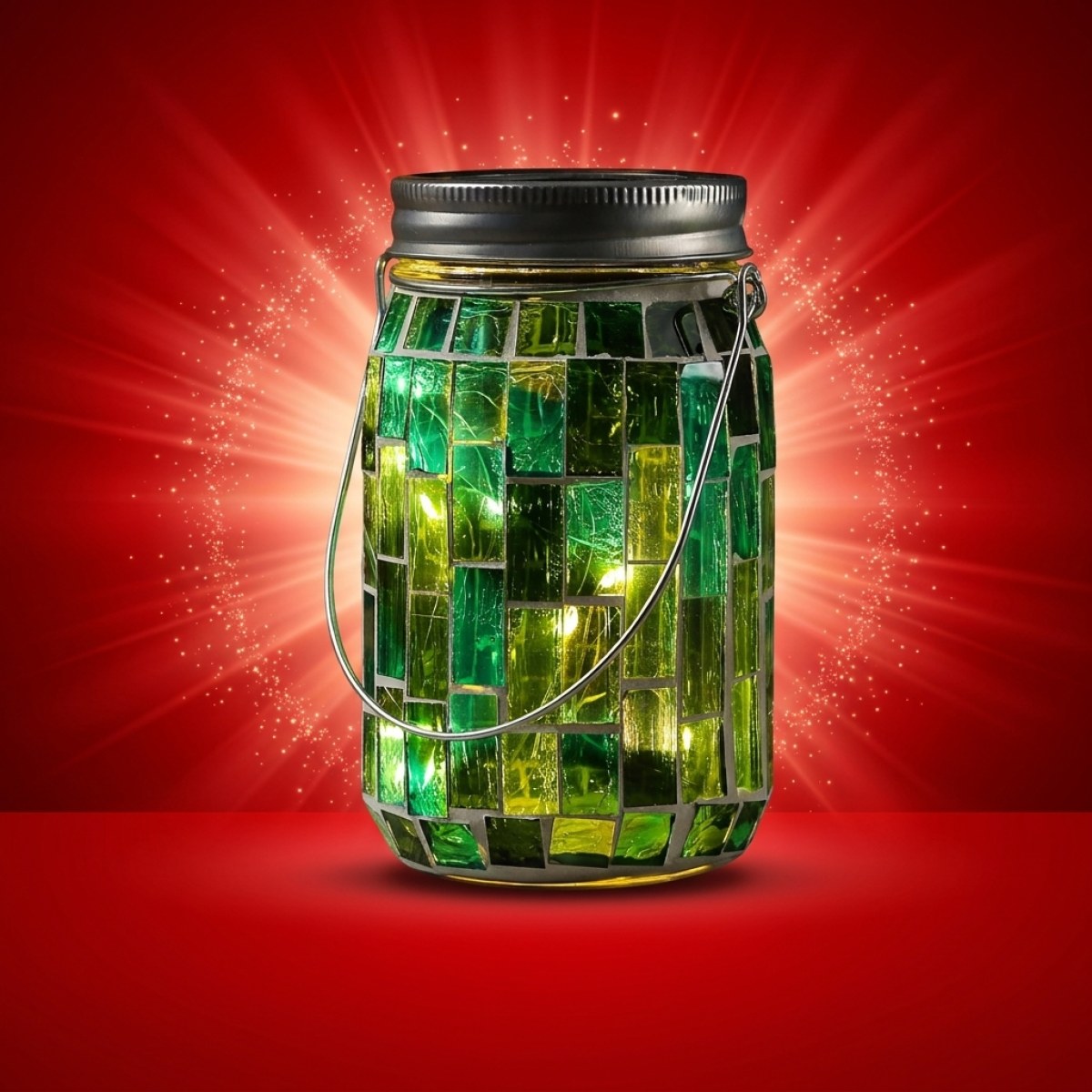 LED Solar Glas - Einmachglas mit Mosaiksteinchen - mit Henkel - H: 13,5cm - Lichtsensor - grün