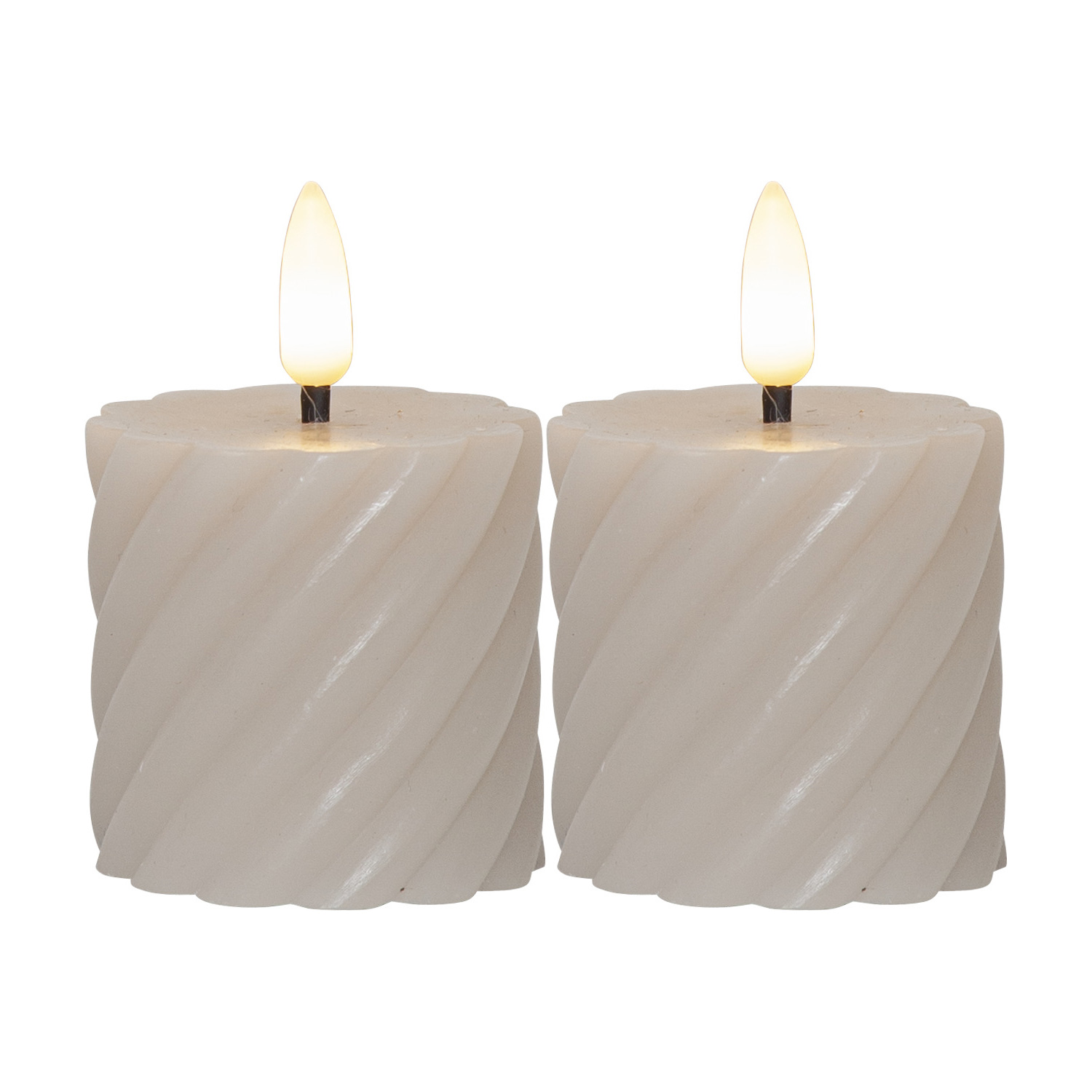 LED Stumpenkerze SWIRL - Echtwachs - warmweiße3D Flamme - 7,5cm - Batterie - Timer - beige - 2er Set