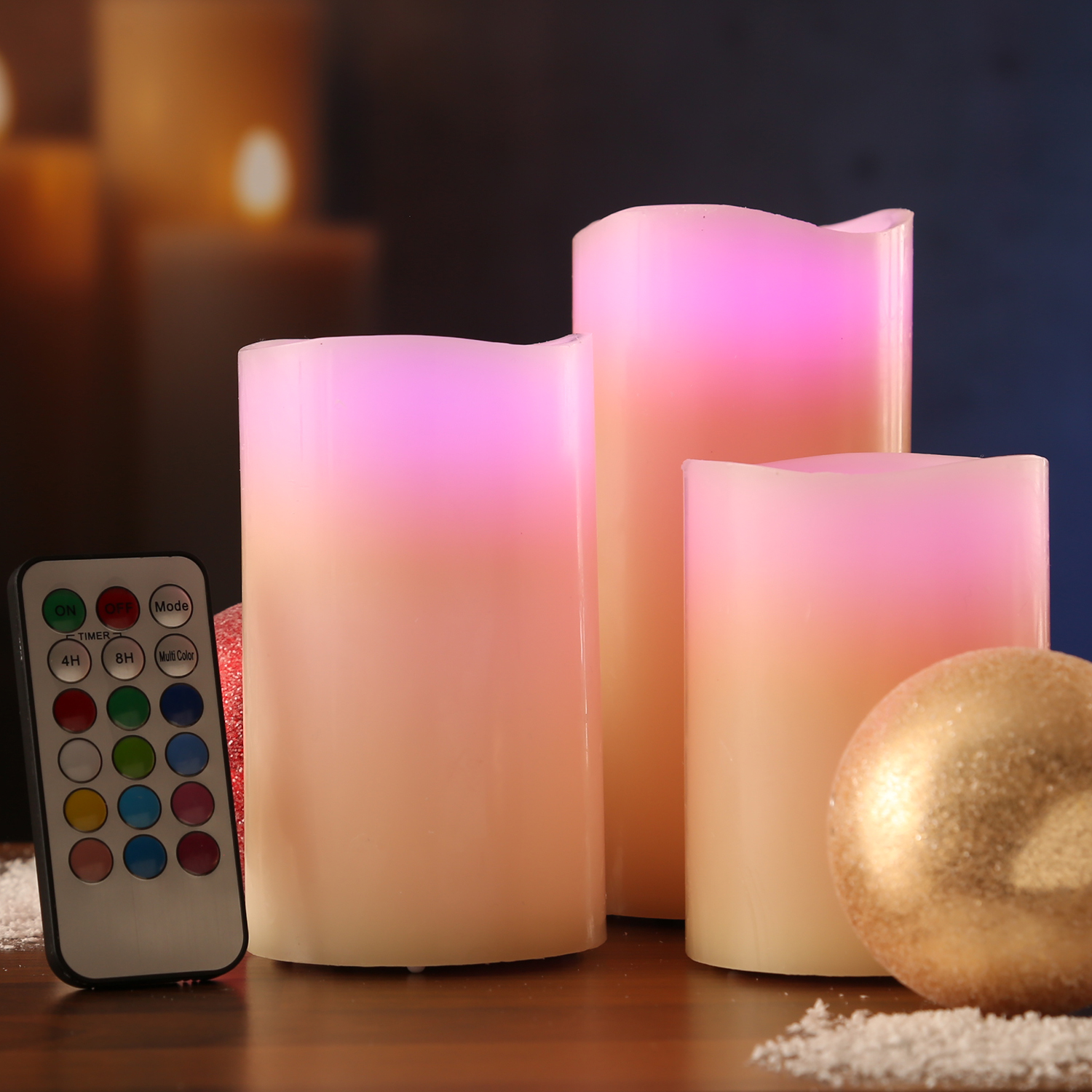 LED Kerze MULTI - Echtwachs - bunte LED - D: 7,5cm - inkl. Fernbedienung - Timer - creme - 3er Set LED Kerze MULTI - Echtwachs - bunte LED - D: 7,5cm - inkl. Fernbedienung - Timer - creme - 3er Set