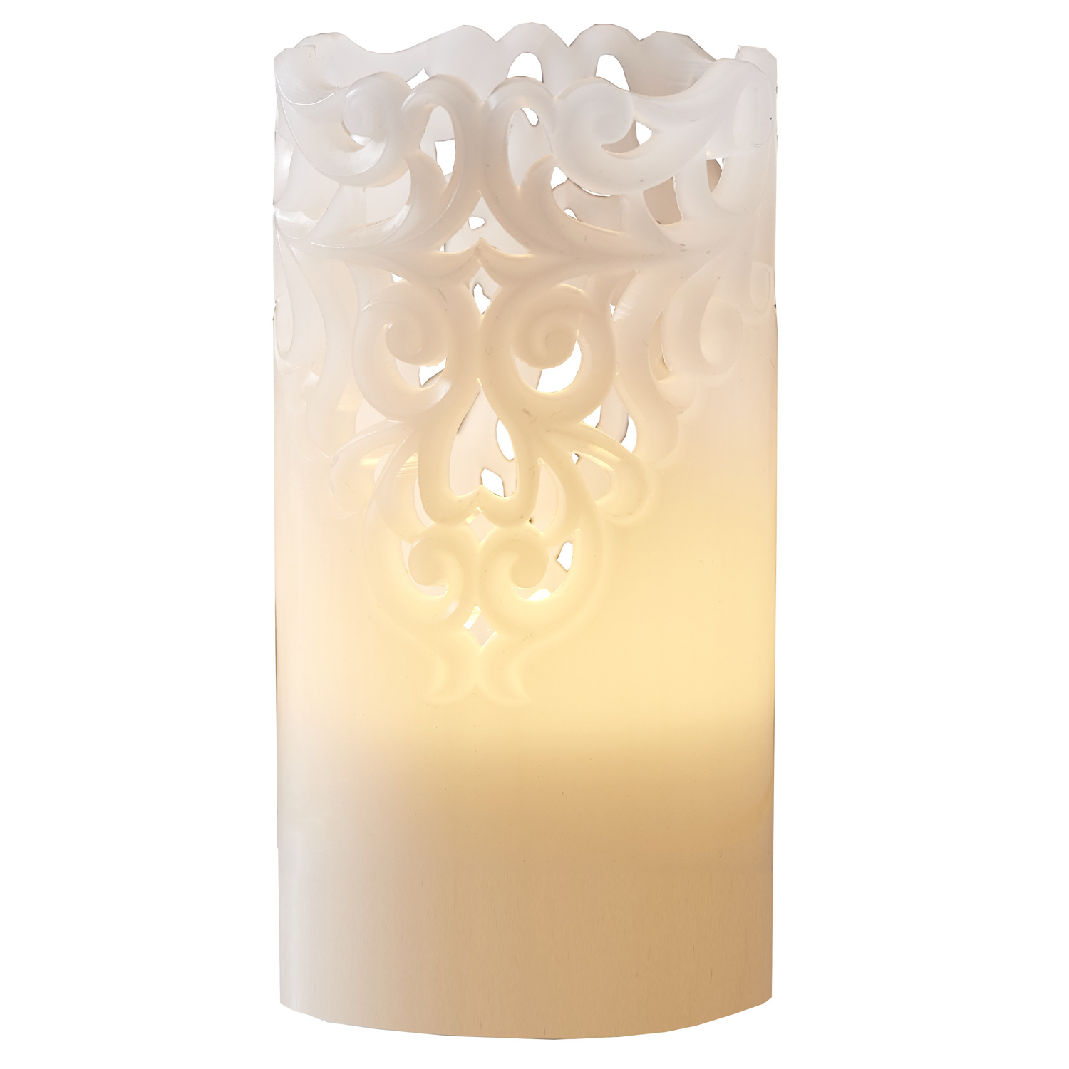 LED Stumpenkerze "Clary" - Echtwachs - Spitzenmuster - warmweiße Flamme - H: 15cm - Timer - weiß LED Stumpenkerze "Clary" - Echtwachs - Spitzenmuster - warmweiße Flamme - H: 15cm - Timer - weiß