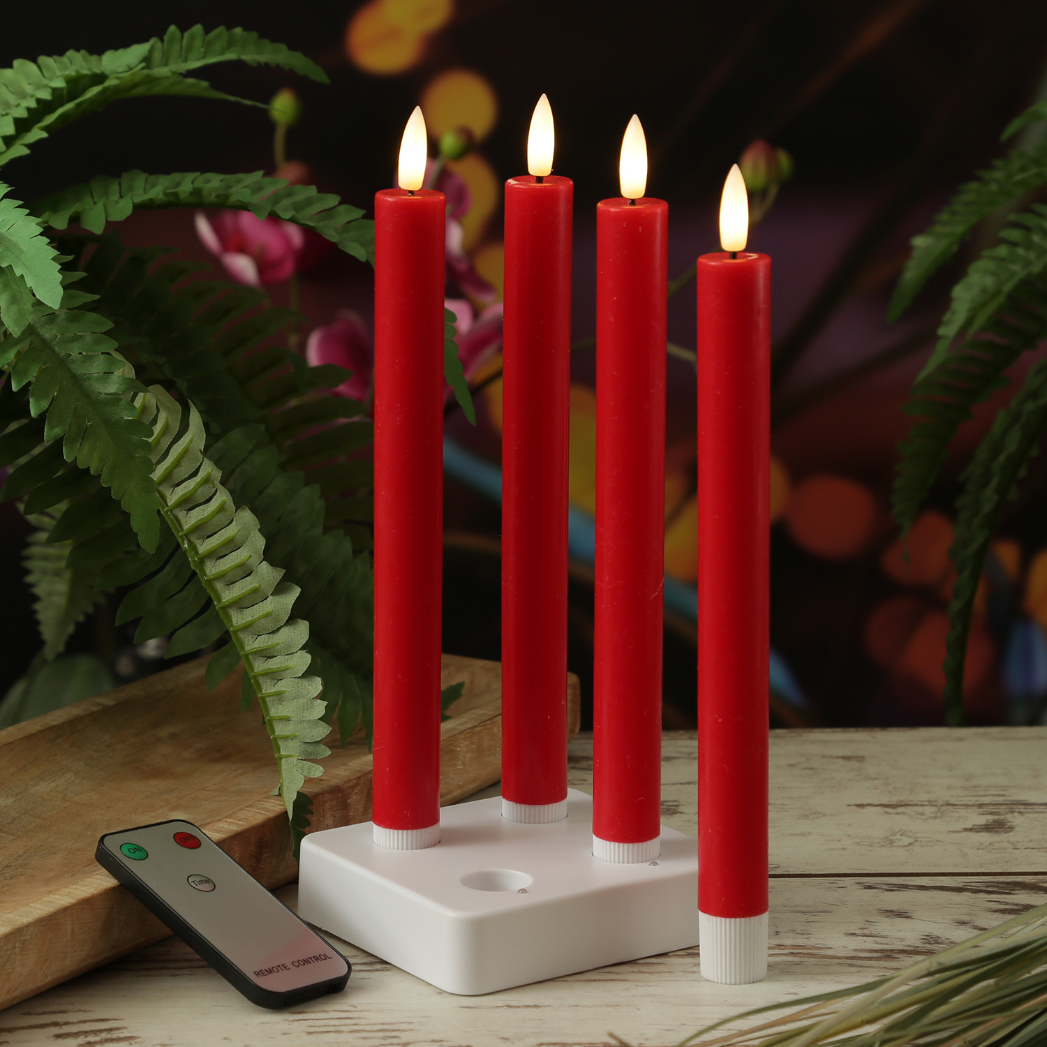 LED Stabkerzen LISA - Echtwachs - mit Ladestation - inkl. Fernbedienung - H: 25cm - rot - 4er Set