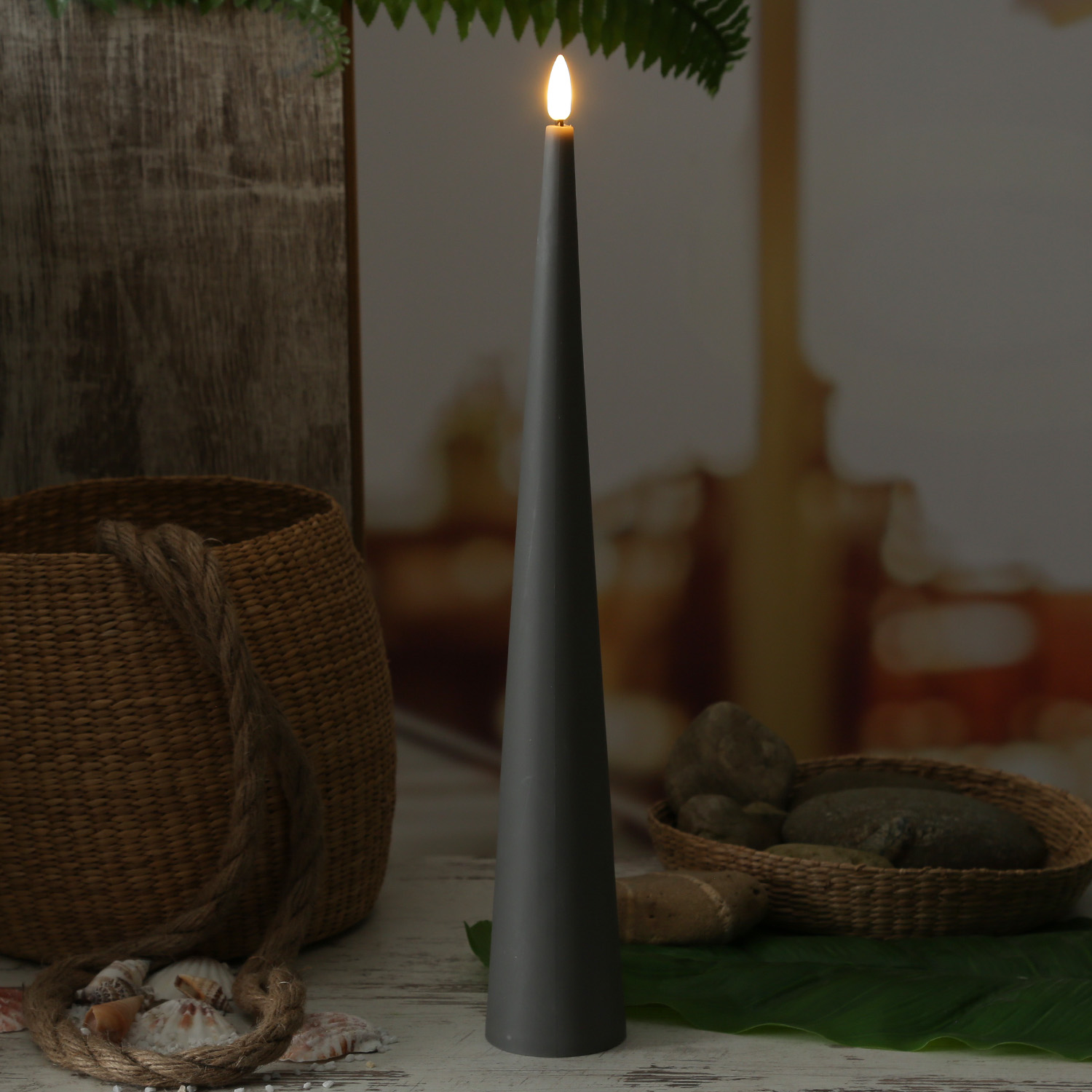 LED Kegelkerze - Kunststoff - realistische 3D Flamme - H: 35cm - Timer - für Außen - grau LED Kegelkerze - Kunststoff - realistische 3D Flamme - H: 35cm - Timer - für Außen - grau