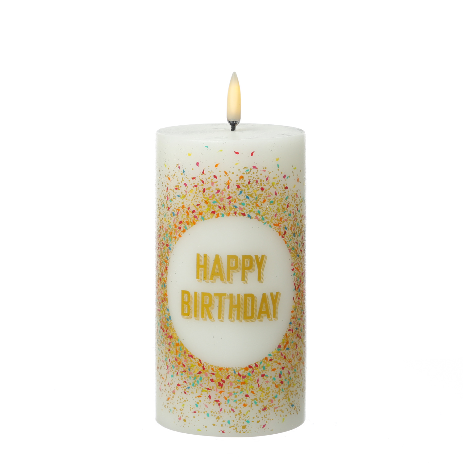 LED Kerze HAPPY BIRTHDAY - Echtwachs - H: 15cm - D: 7,8cm - Timer - bis zu 1000 Std. - weiß