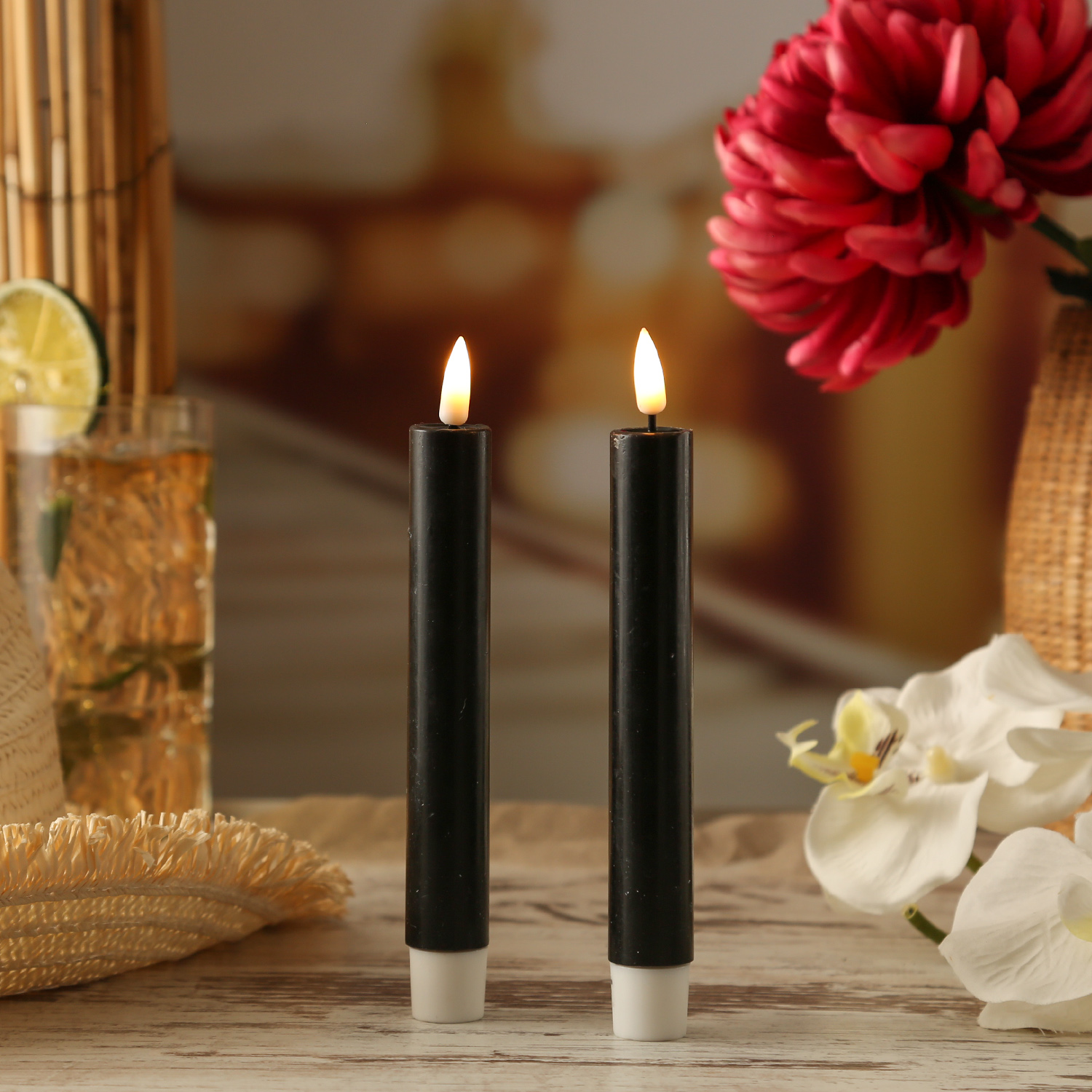 LED Stabkerzen MIA - Echtwachs - realistische 3D Flamme - H: 15cm - Batteriebetrieb - schwarz