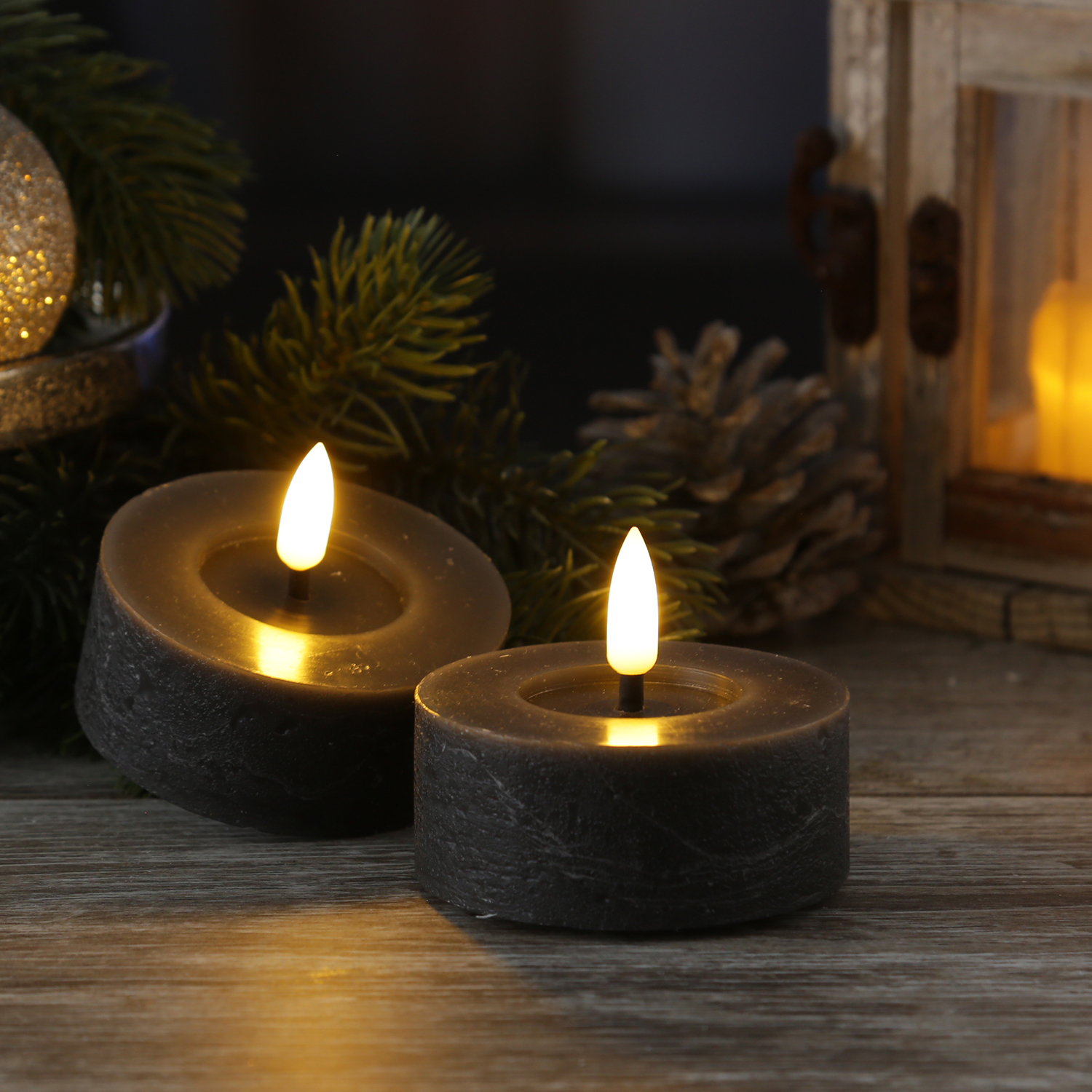 LED Maxi Teelichter LINA - Rustik-Optik - Echtwachs - Timer - D: 7cm - H: 6cm - grau - 2 Stück LED Maxi Teelichter LINA - Rustik-Optik - Echtwachs - Timer - D: 7cm - H: 6cm - grau - 2 Stück