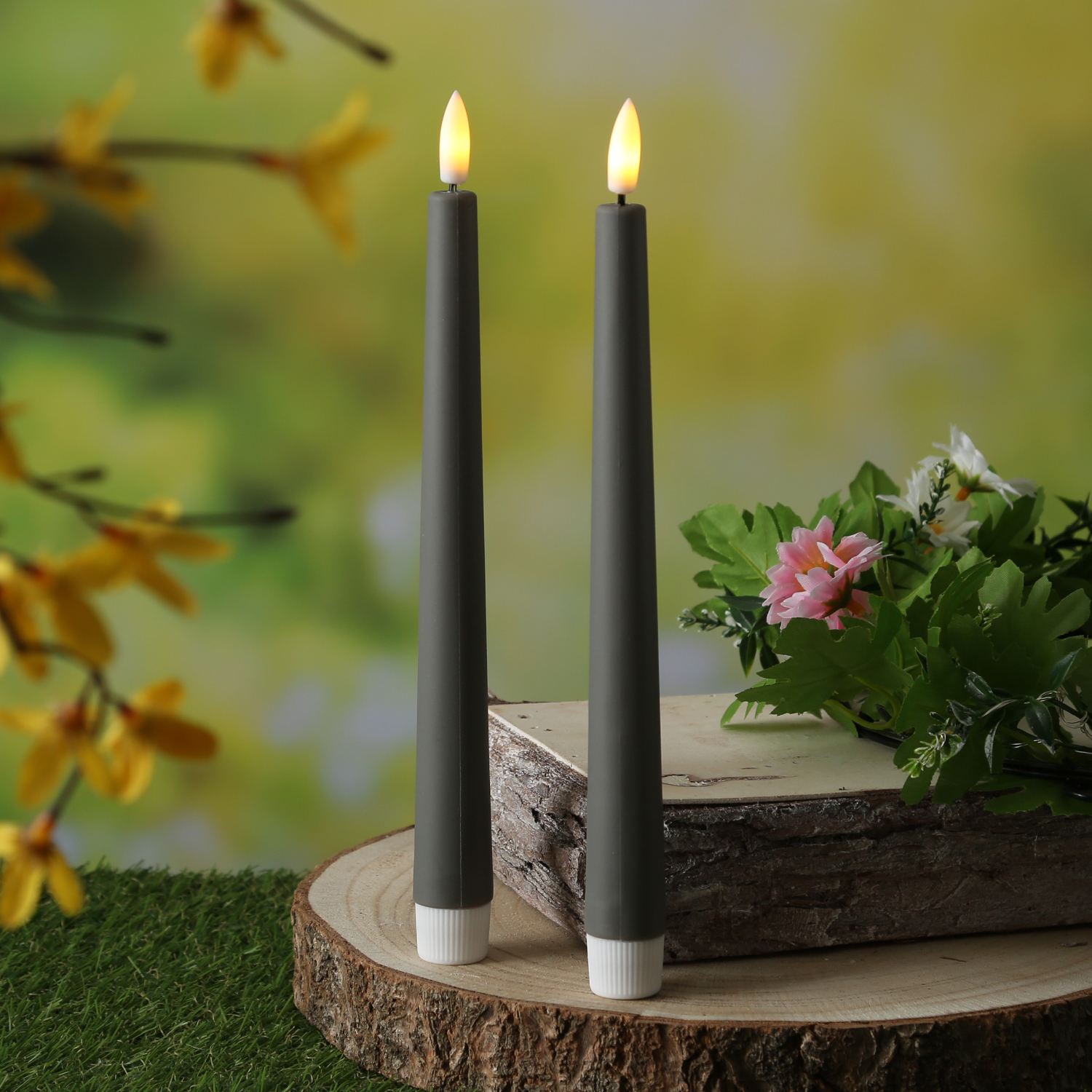 LED Stabkerzen - LED Tafelkerzen aus Kunststoff - H: 25,5cm - Timer - für Innen/Außen - grau