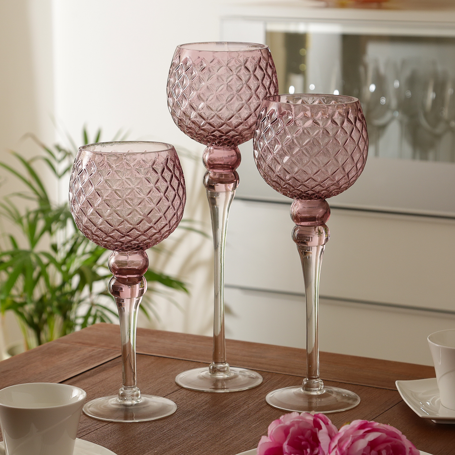 Kerzenhalter Kelch - Windlicht - Glas - H: 30,5cm/34,5cm/40cm - rosa - 3er Set