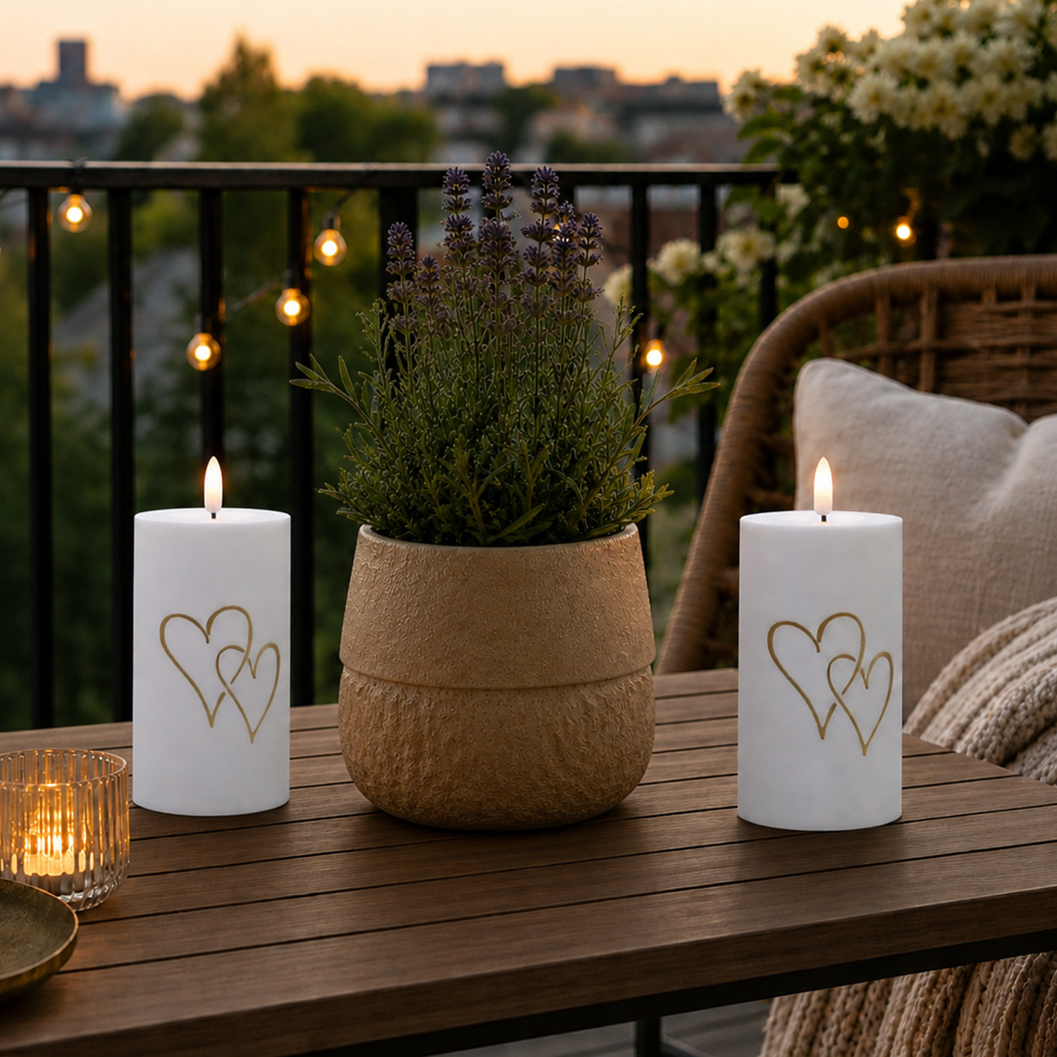 LED Kerzen goldene Herzen - Kunststoff - H: 15cm - D: 7cm - Timer/Sensor - Innen/Außen - 2er Set
