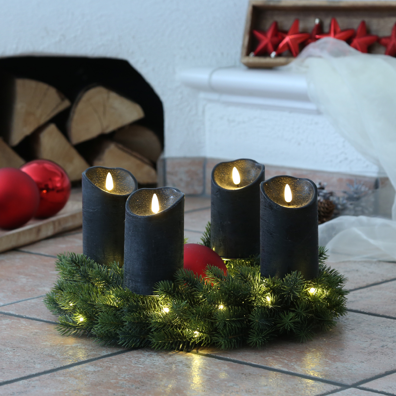 LED Stumpenkerzen RUSTIC - Echtwachs - warmweiße 3D Flamme - H: 12,5cm - Timer - schwarz - 4er Set