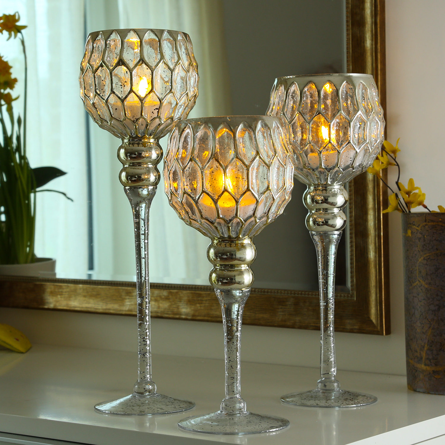 Kerzenhalter Kelch CORDOBA - Glas - H: 30,5cm, 34,5cm, 40cm - gold - 3er Set