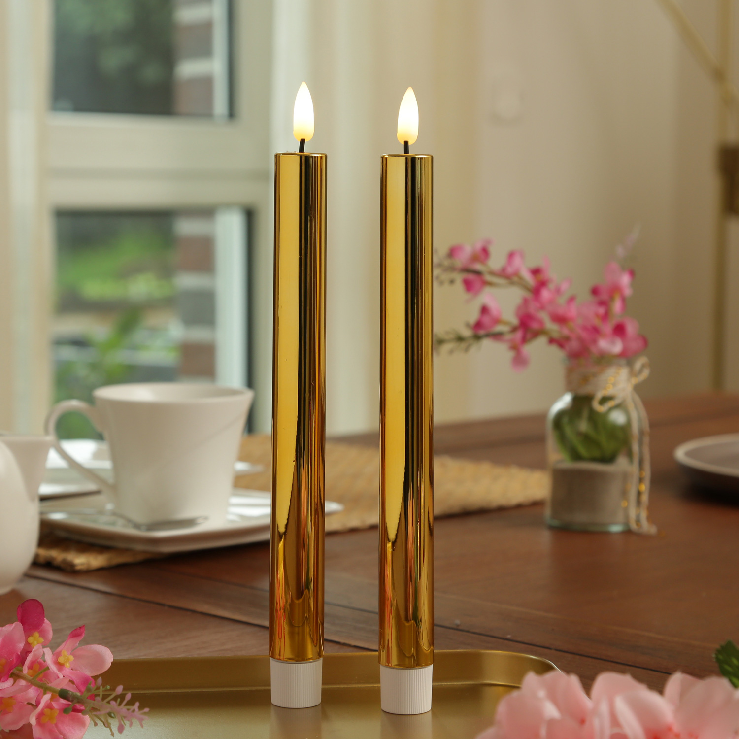 LED Stabkerzen - mit Lack - flackernd - H: 25cm - Timer - gold glänzend - 2er Set