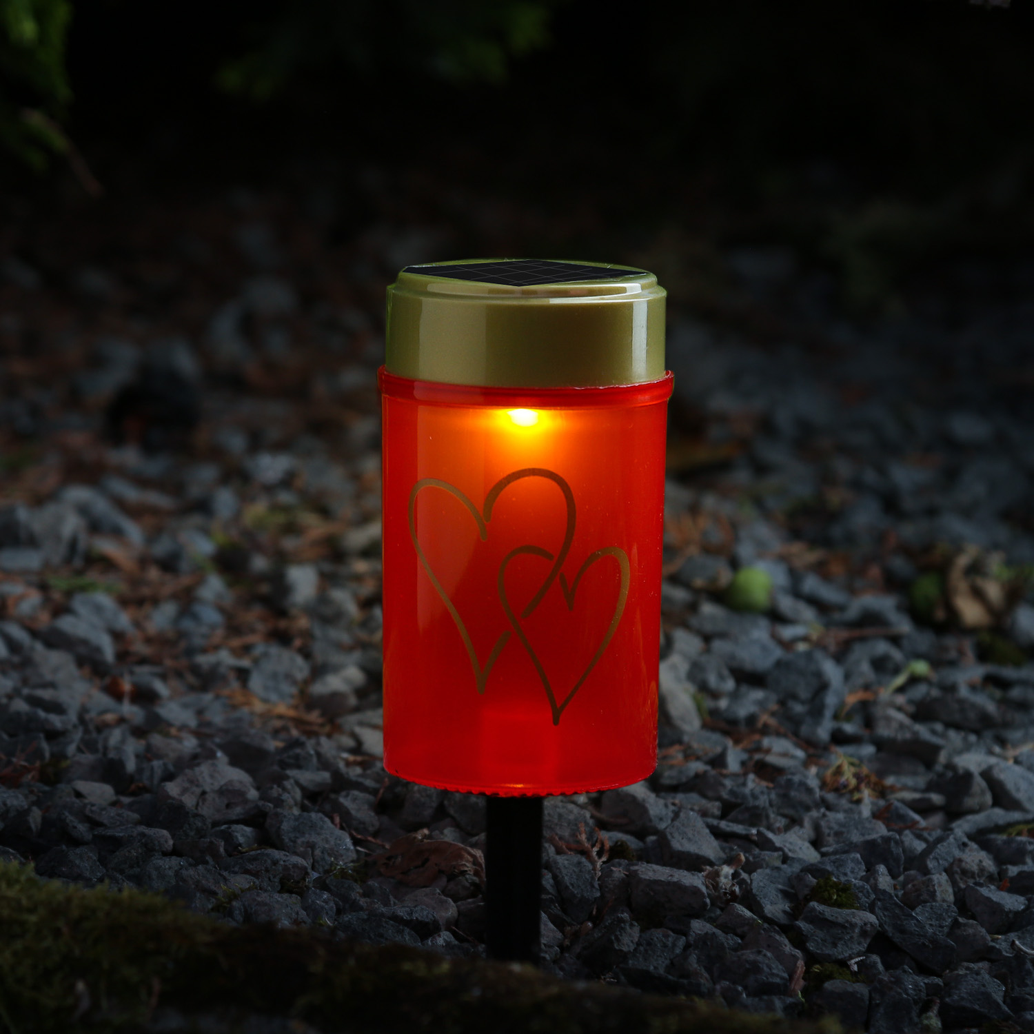 LED Solar Grablicht Herz - Grabkerze - H: 12cm - D: 7cm - Lichtsensor - inkl. Erdspieß - rot LED Solar Grablicht Herz - Grabkerze - H: 12cm - D: 7cm - Lichtsensor - inkl. Erdspieß - rot